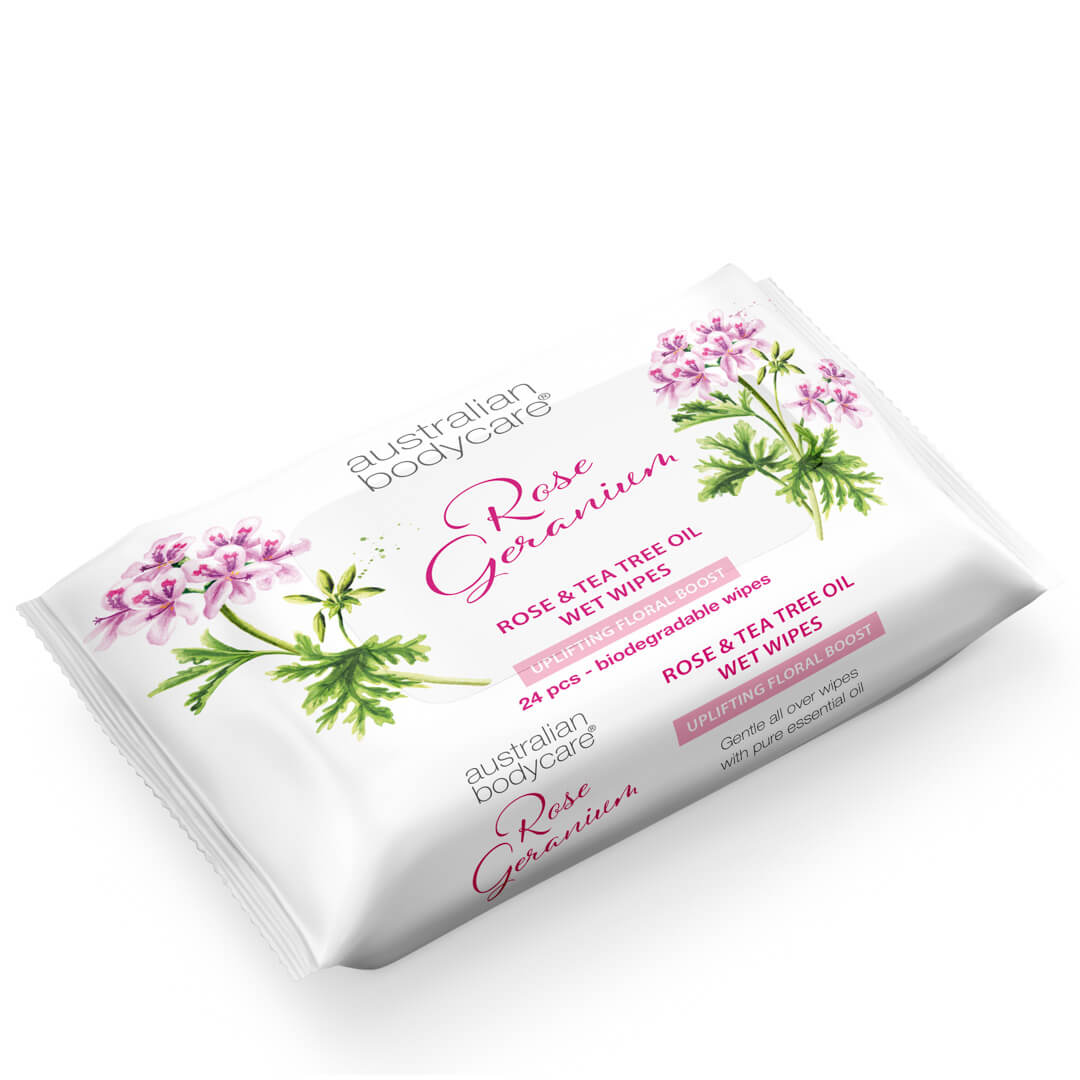 Salviettine umidificate per adulti con Geranio Rosa e Tea Tree Oil (24 pezzi) - Detergono eliminando batteri, sporco e make–up