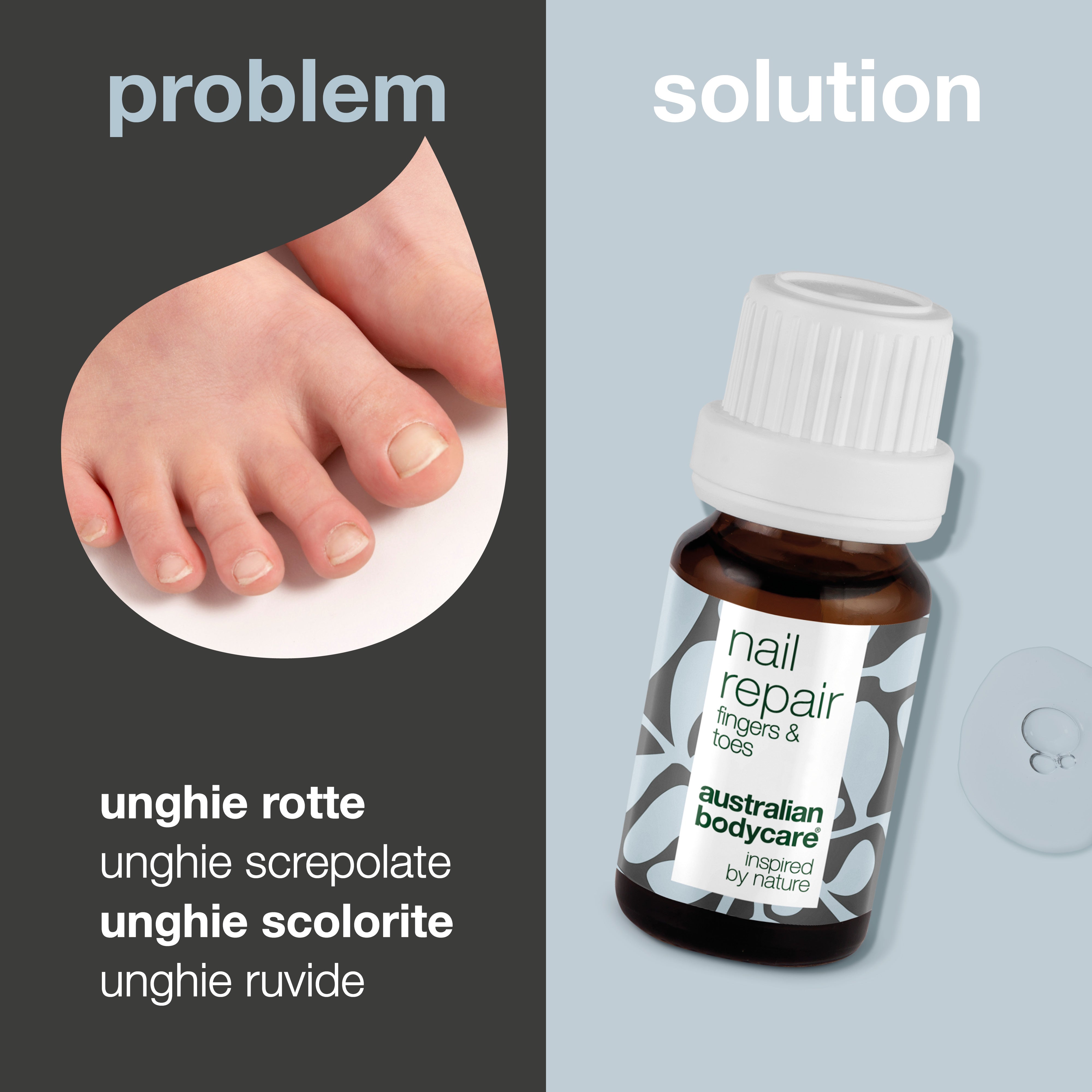 Olio per unghie screpolate e scolorite — Ripristina la salute delle tue unghie con il nostro olio per unghie. Combatte le unghie screpolate, ruvide e scolorite con il 4-terpineolo naturale, noto dall'olio dell'albero del tè, e la vitamina E.