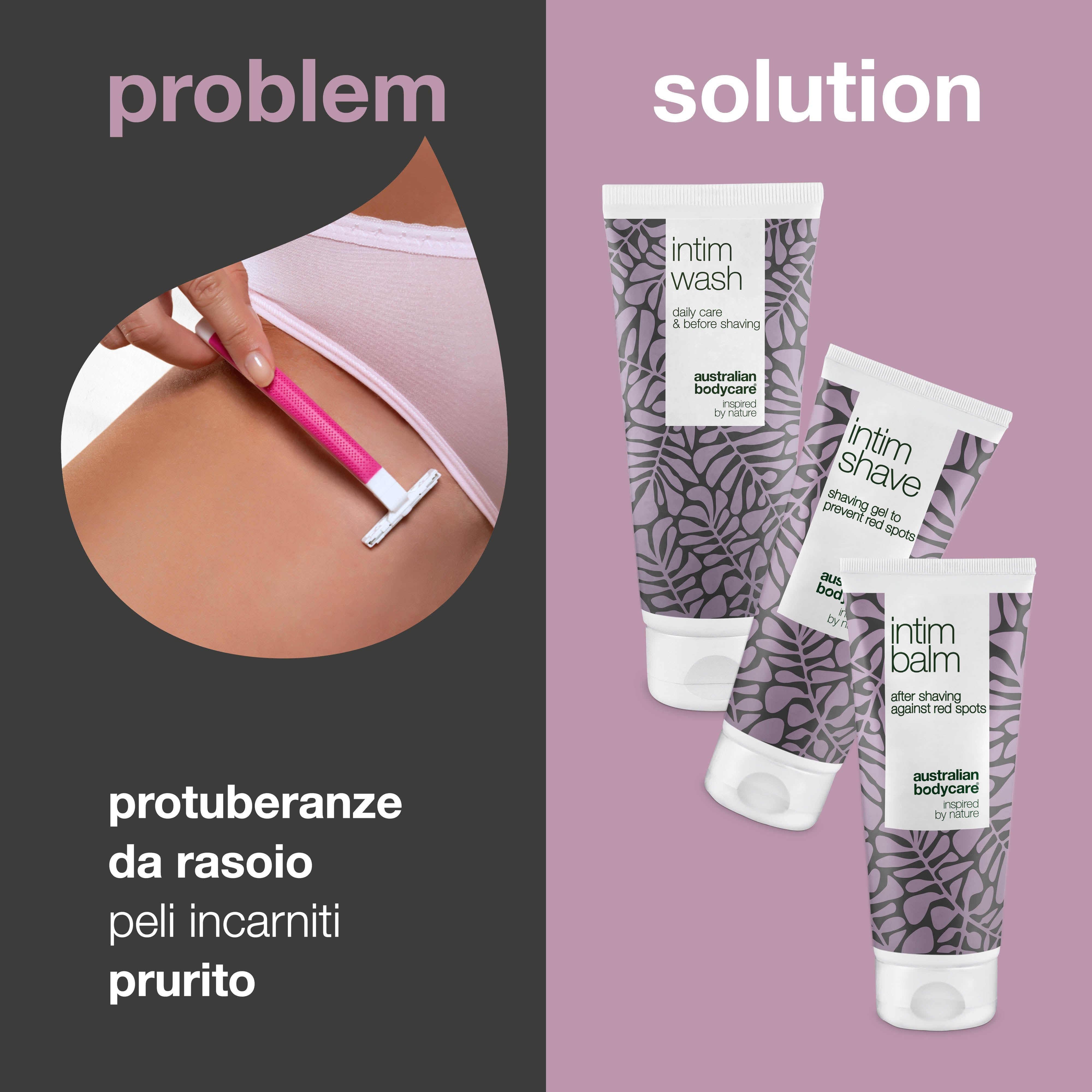 Kit depilazione intima contro irritazione da rasoio e  puntini rossi — 3 prodotti per la prevenzione di peli incarniti post depilazione intima