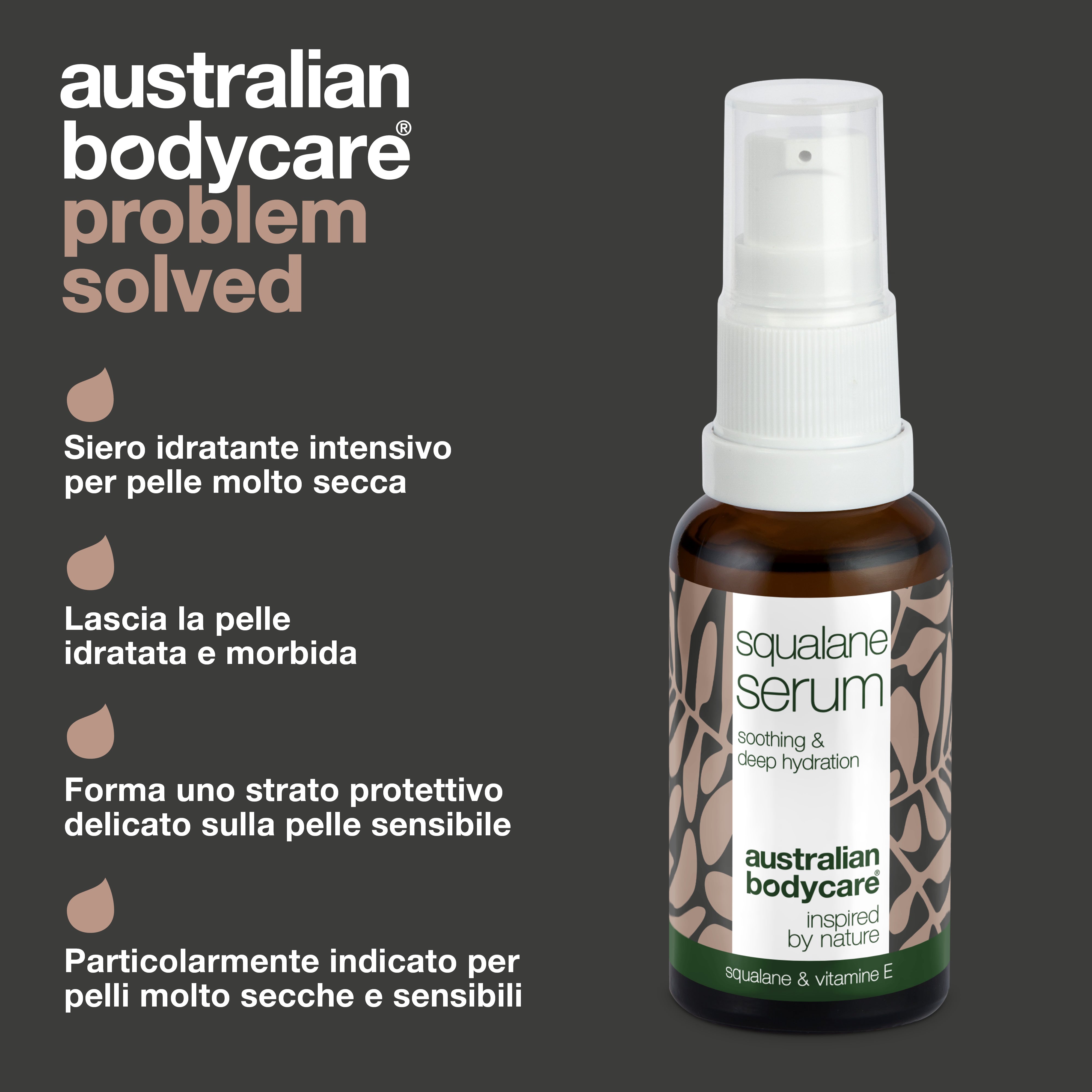 Siero idratante con squalano e vitamina E per pelli secche — Siero idratante intensivo con squalano, vitamina E e olio dell'albero del tè per pelli molto secche
