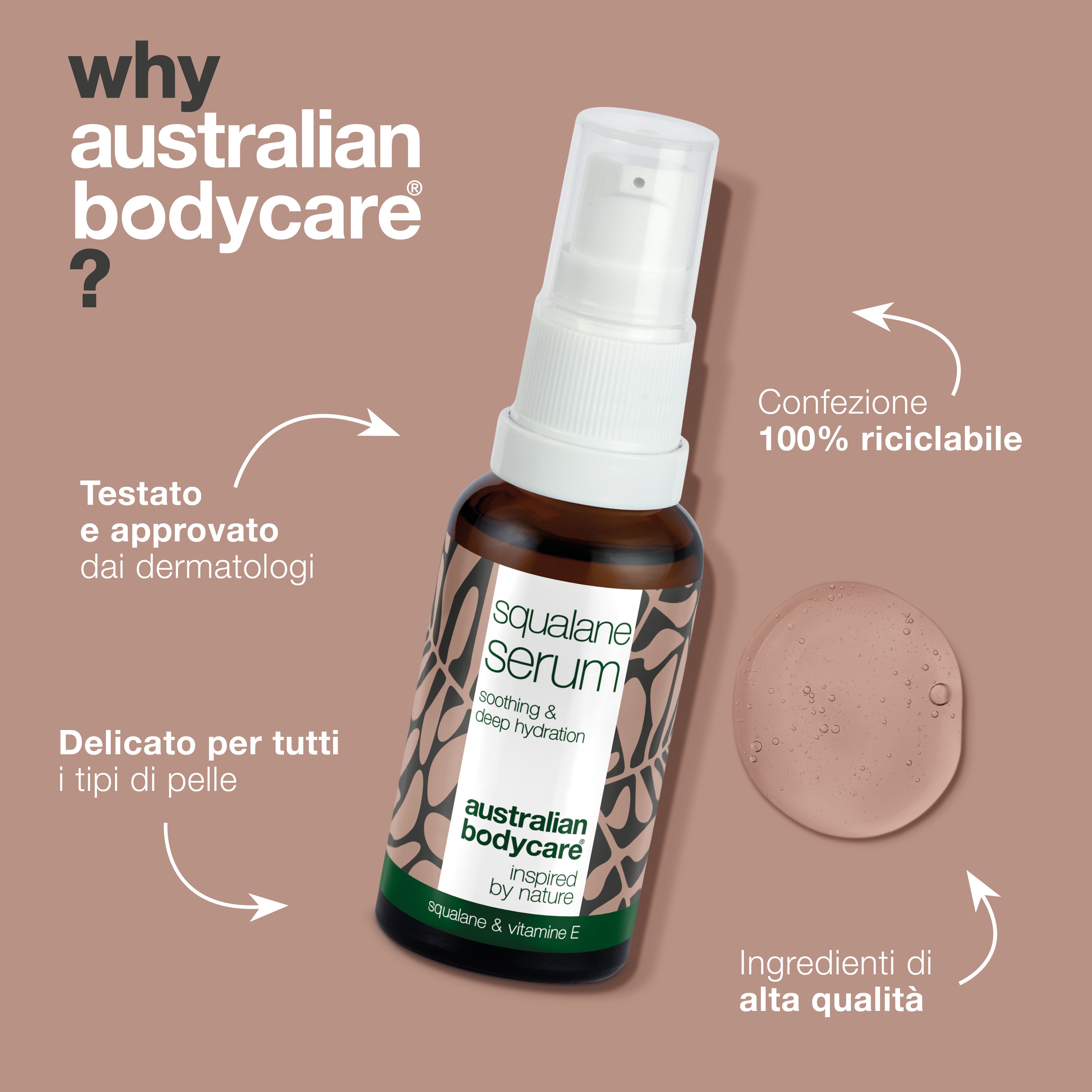 Siero idratante con squalano e vitamina E per pelli secche — Siero idratante intensivo con squalano, vitamina E e olio dell'albero del tè per pelli molto secche