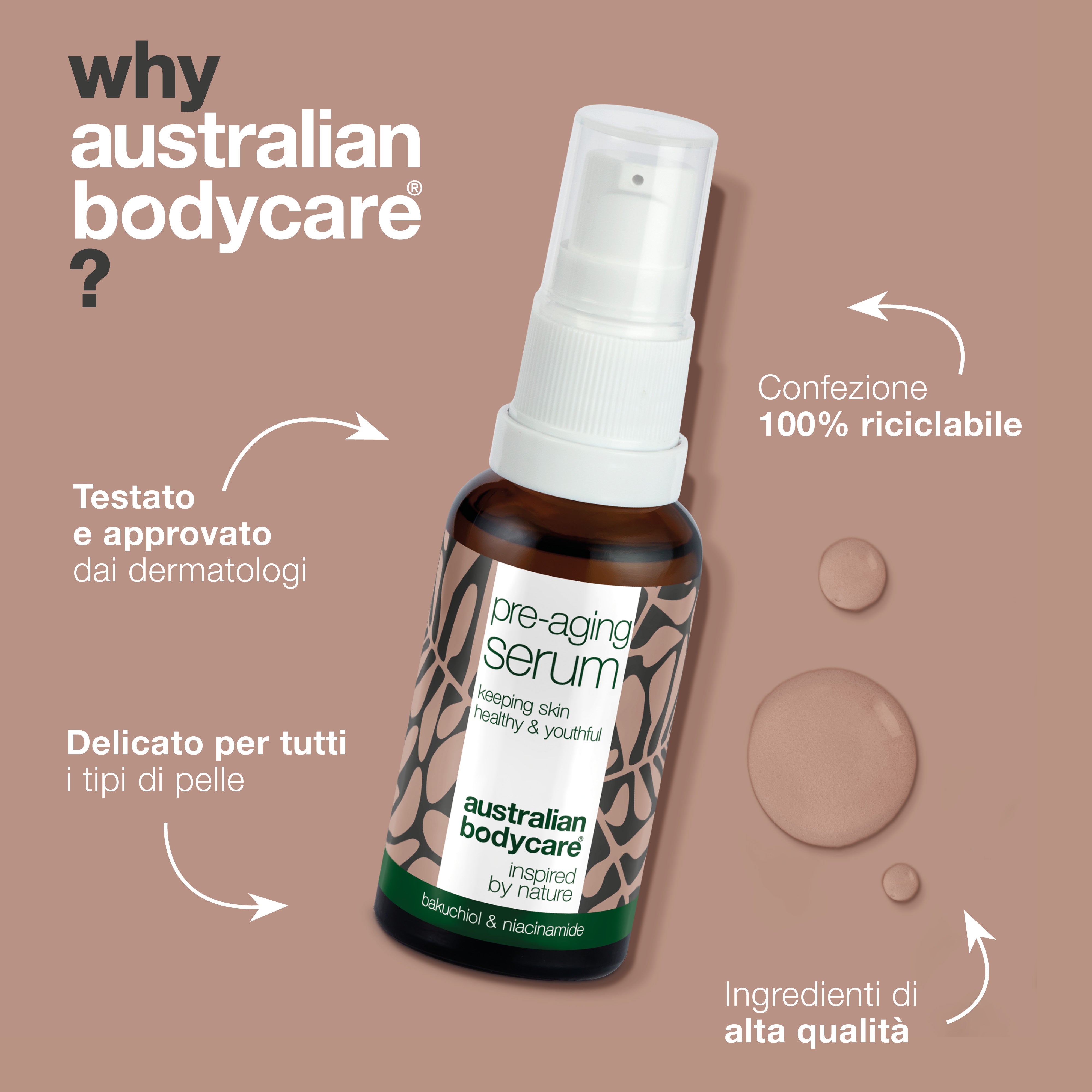 Siero viso pre-età per prevenire linee sottili e rughe — Siero viso con acido ialuronico, peptidi e caffeina per prevenire i segni dell'invecchiamento