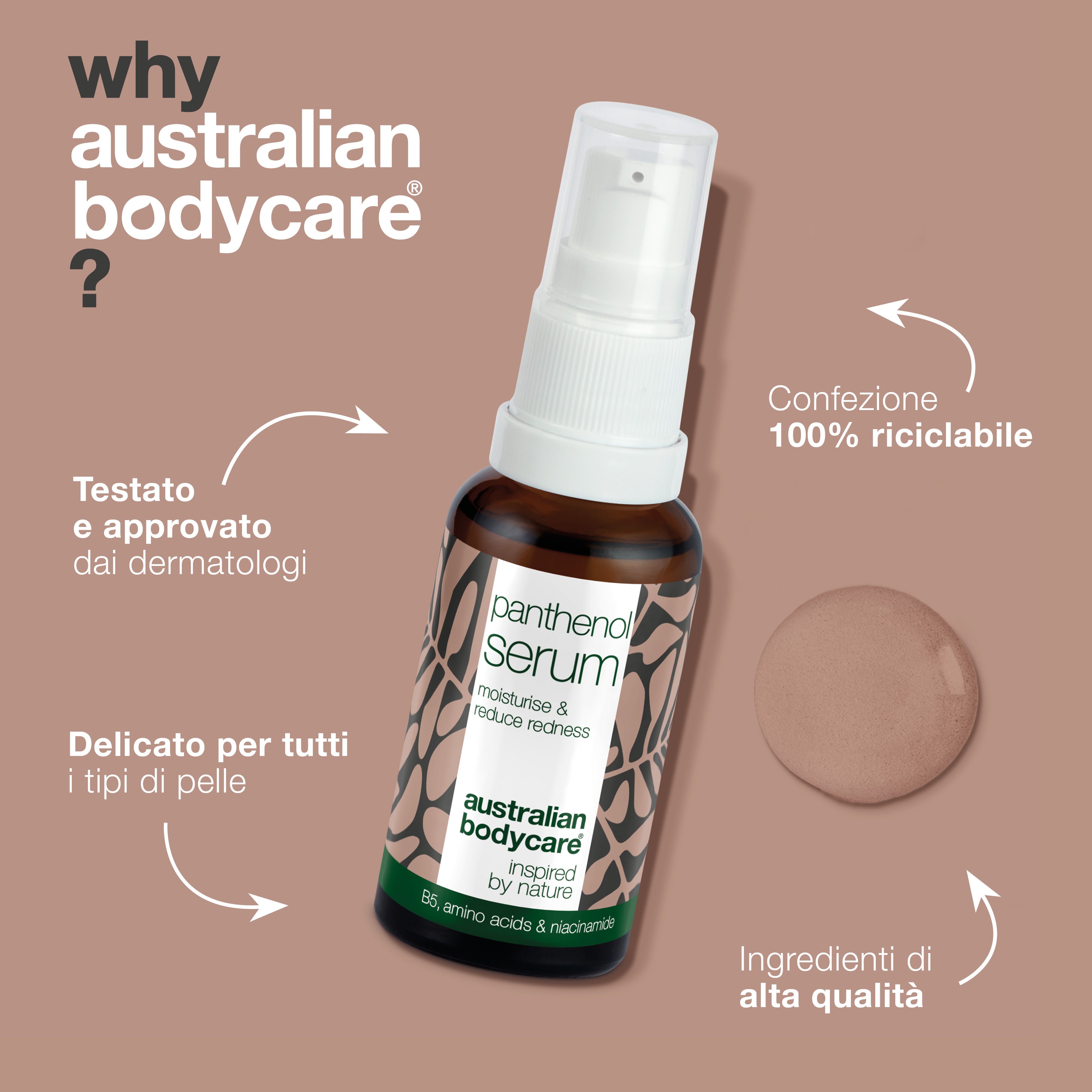 Siero al pantenolo per pelle rossa e secca - Formula lenitiva naturale - Lenisce e idrata la pelle del viso irritata e secca con principi attivi naturali. Riduce il rossore e il prurito per una carnagione più sana.