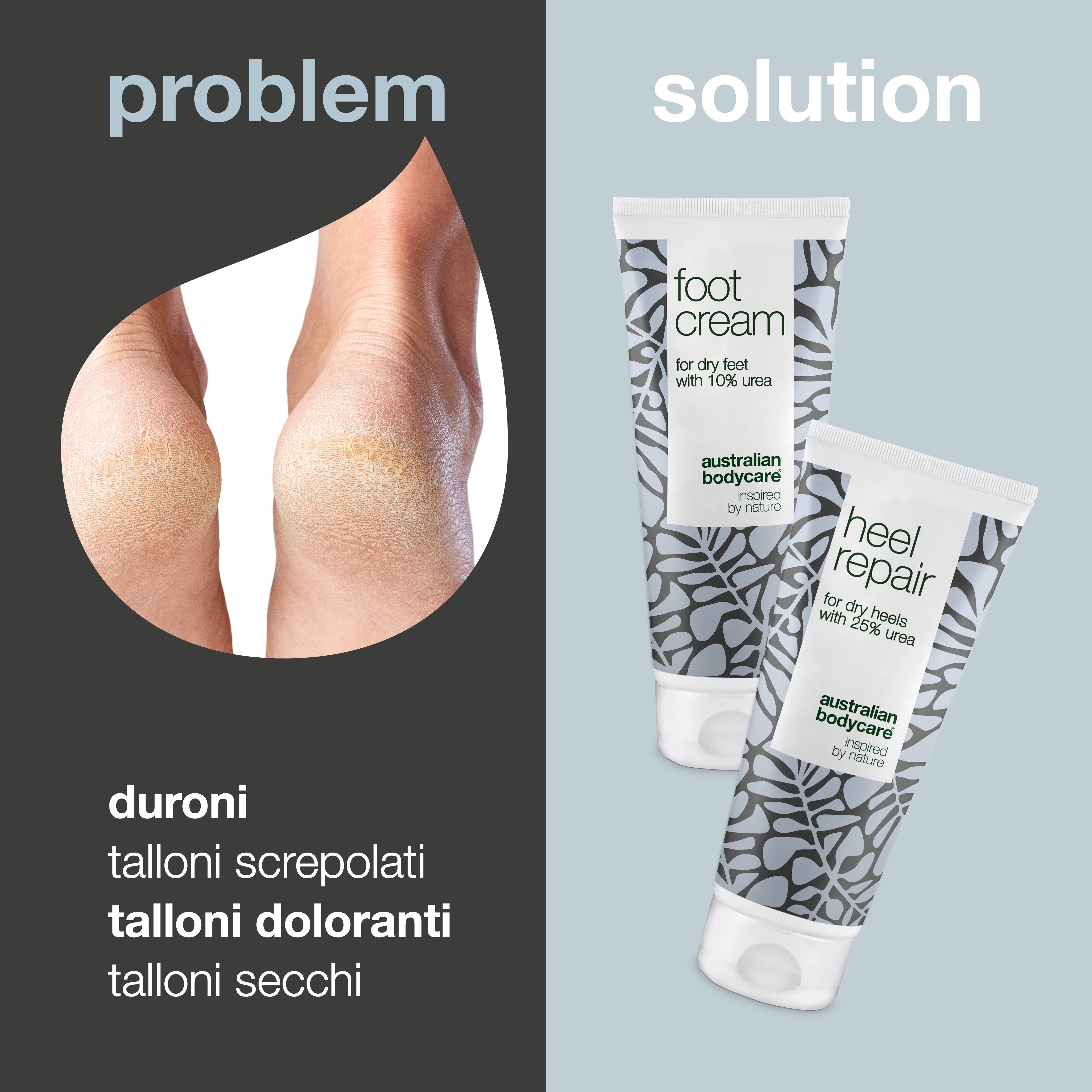 2 prodotti per la pelle dura su piedi e talloni: crema per i piedi e crema per talloni con urea e olio dell'albero del tè per la pelle dura su piedi e screpolature dei talloni