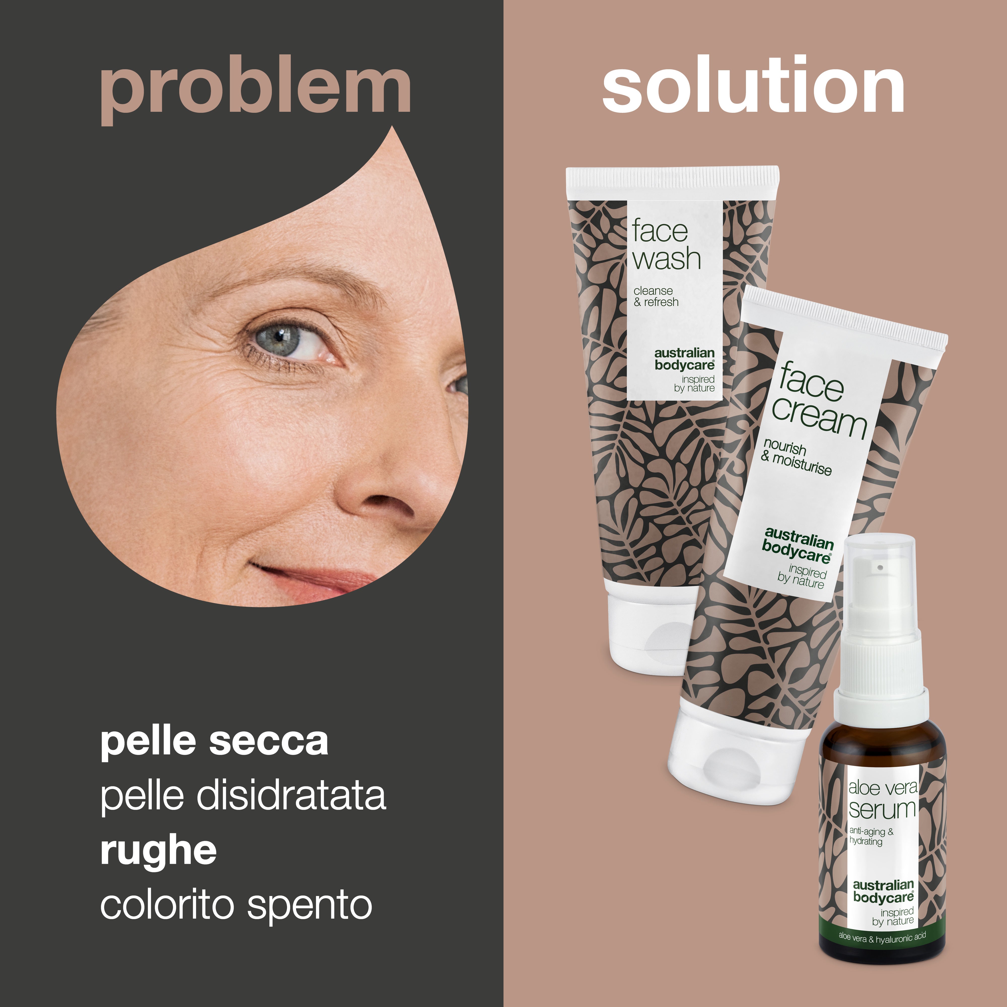 Set per la cura delle rughe e della pelle disidratata — 3 prodotti antietà per la pelle secca: detergente viso, siero di aloe vera e crema viso