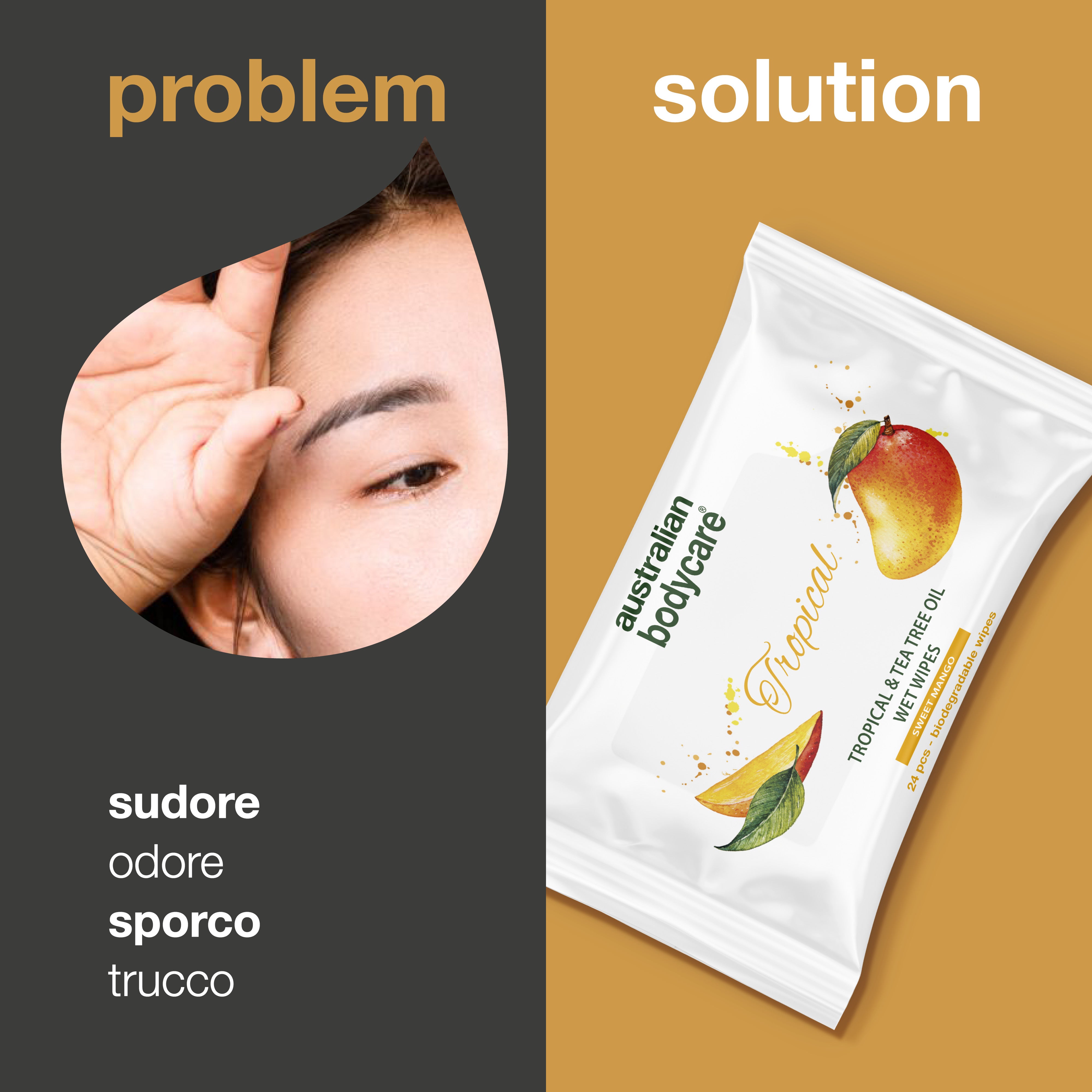 Salviette umidificate per adulti con olio di mango e tea tree — Per il risciacquo quotidiano di viso e corpo