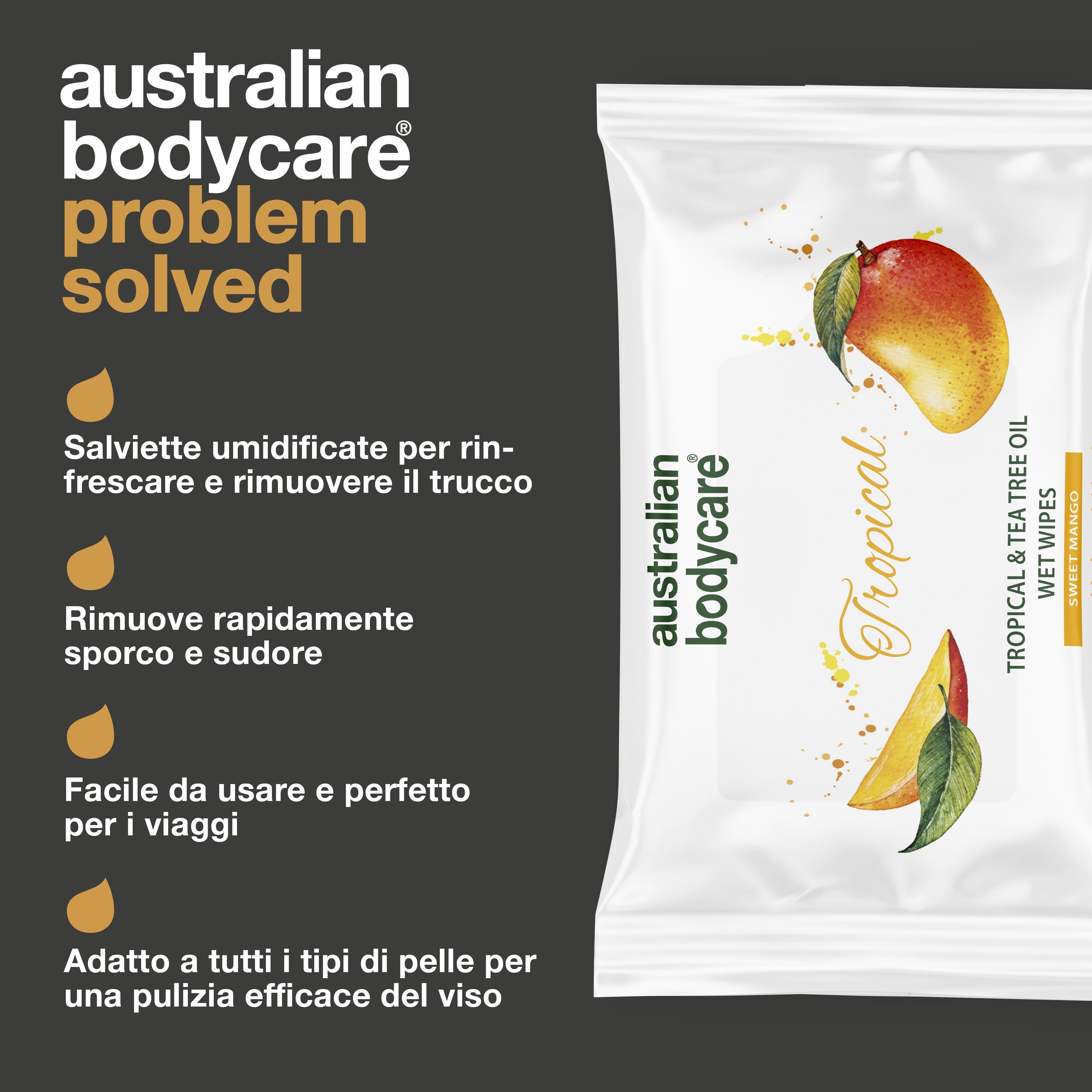 Salviette umidificate per adulti con olio di mango e tea tree — Per il risciacquo quotidiano di viso e corpo