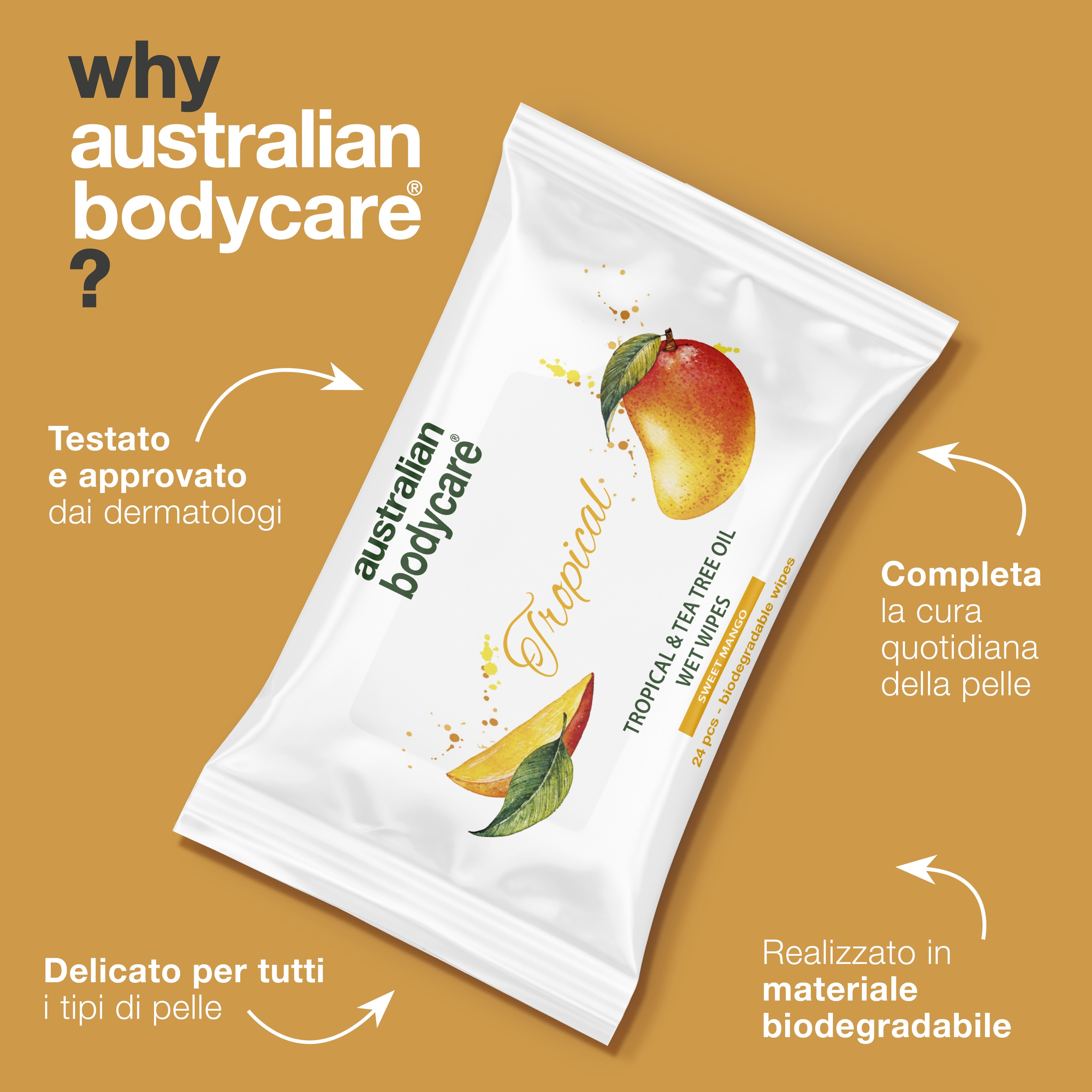 Salviette umidificate per adulti con olio di mango e tea tree — Per il risciacquo quotidiano di viso e corpo