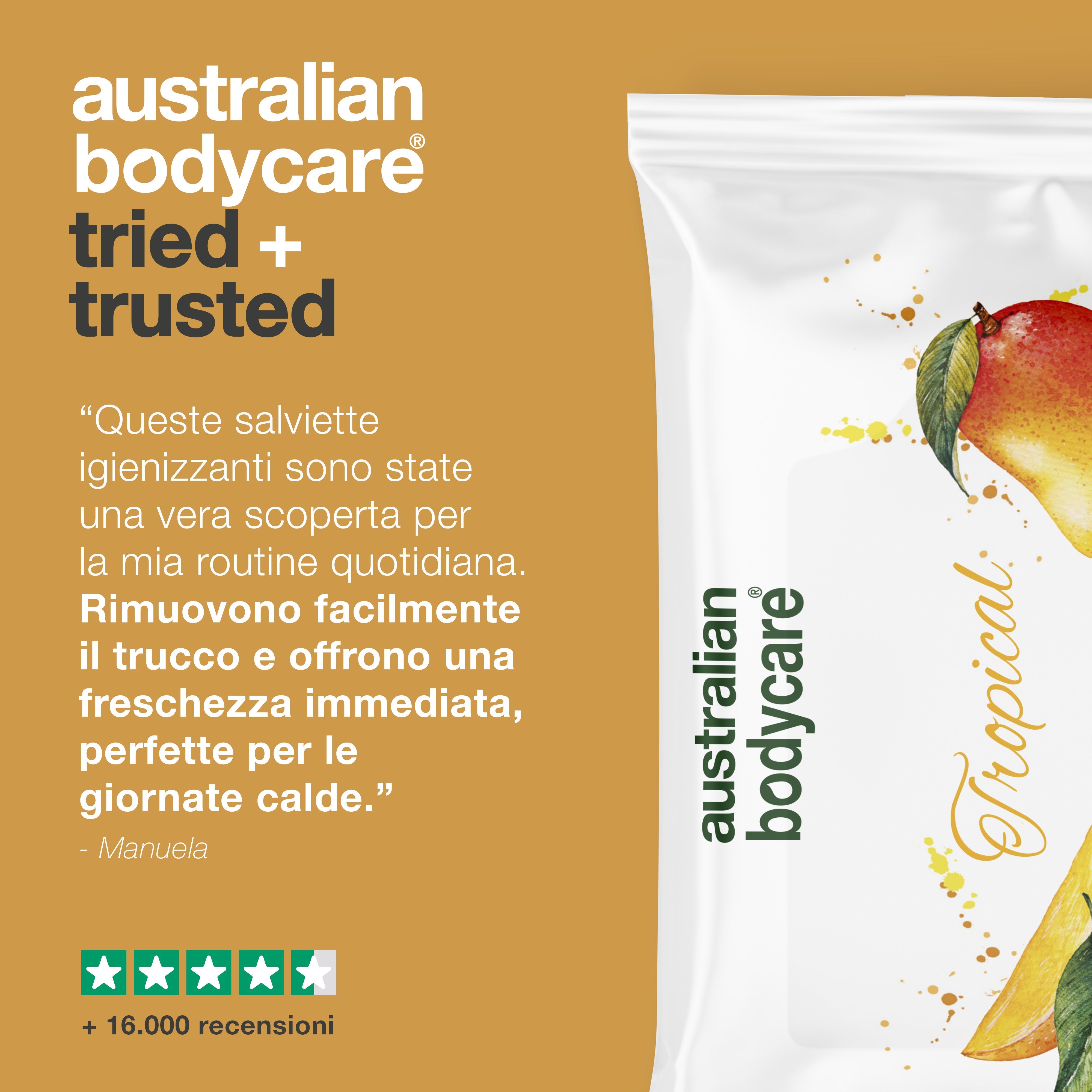 Salviette umidificate per adulti con olio di mango e tea tree — Per il risciacquo quotidiano di viso e corpo