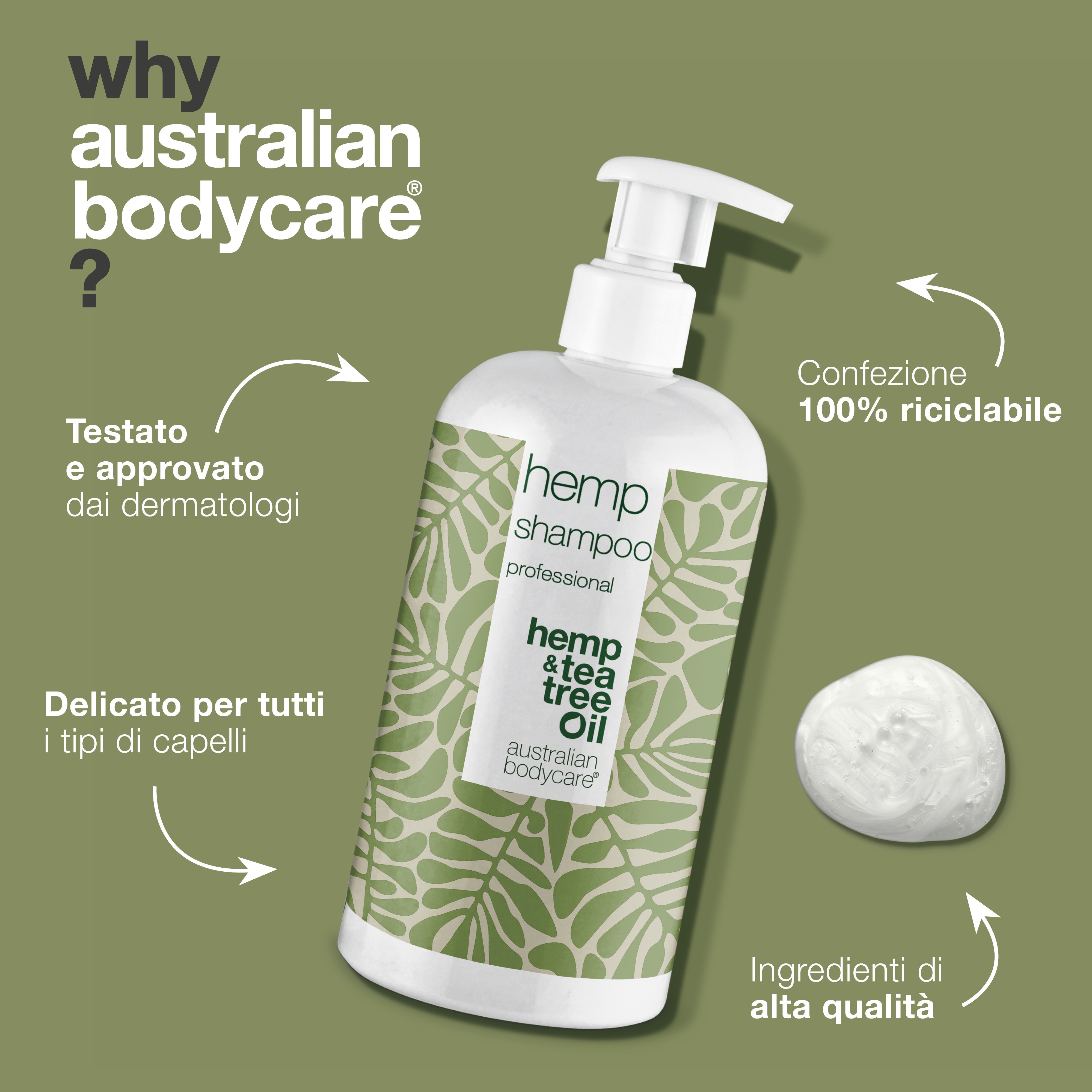 Shampoo alla canapa per capelli secchi e cuoio capelluto equilibrato — Lo shampoo alla canapa idrata e nutre in profondità aiutando a mantenere un cuoio capelluto equilibrato e sano.