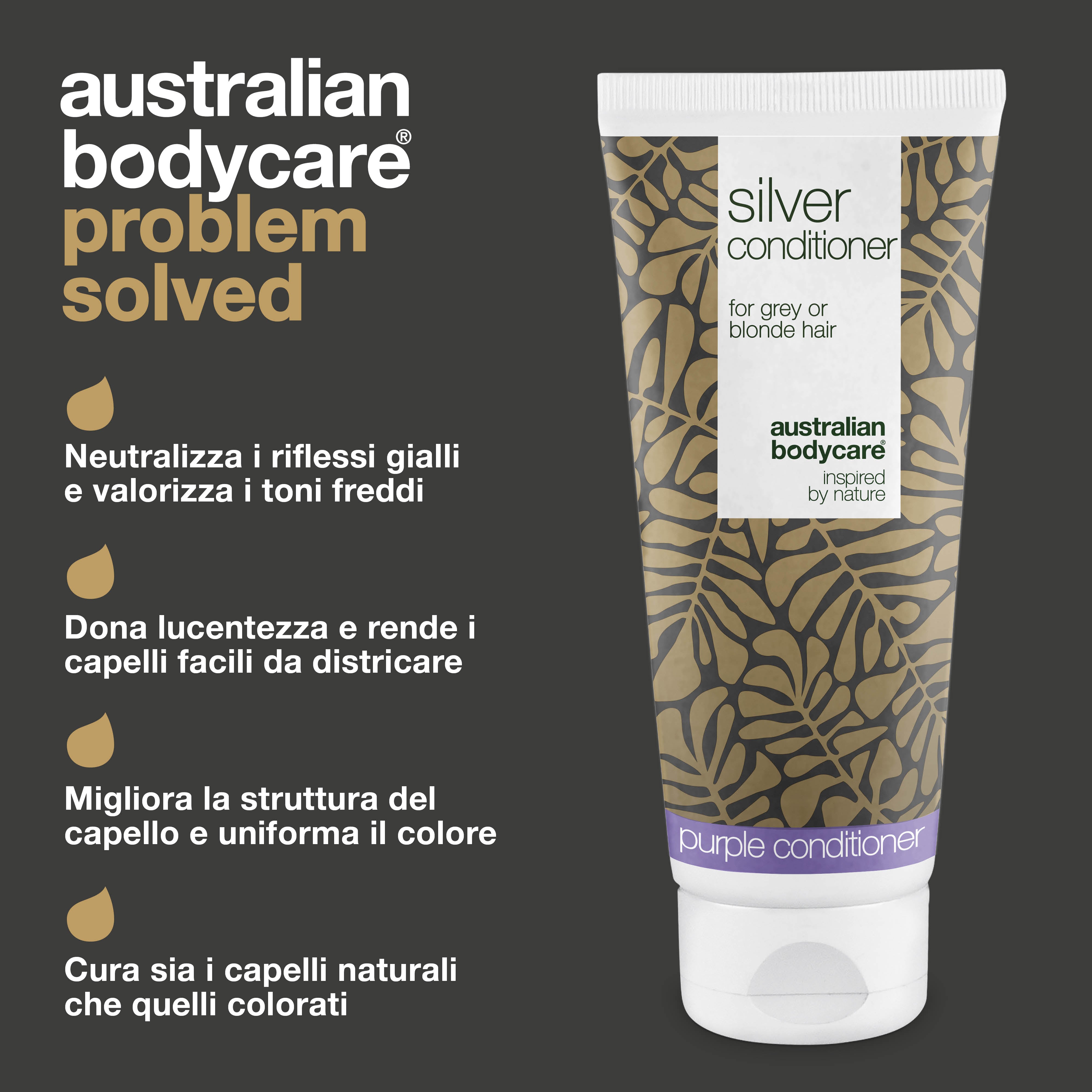 Balsamo Argento per Capelli Grigi e Biondi – Anti-Giallo — Balsamo con pigmenti viola, elimina il giallo ed esalta i toni freddi dei capelli grigi o biondi. Aggiunta lucentezza e forza.