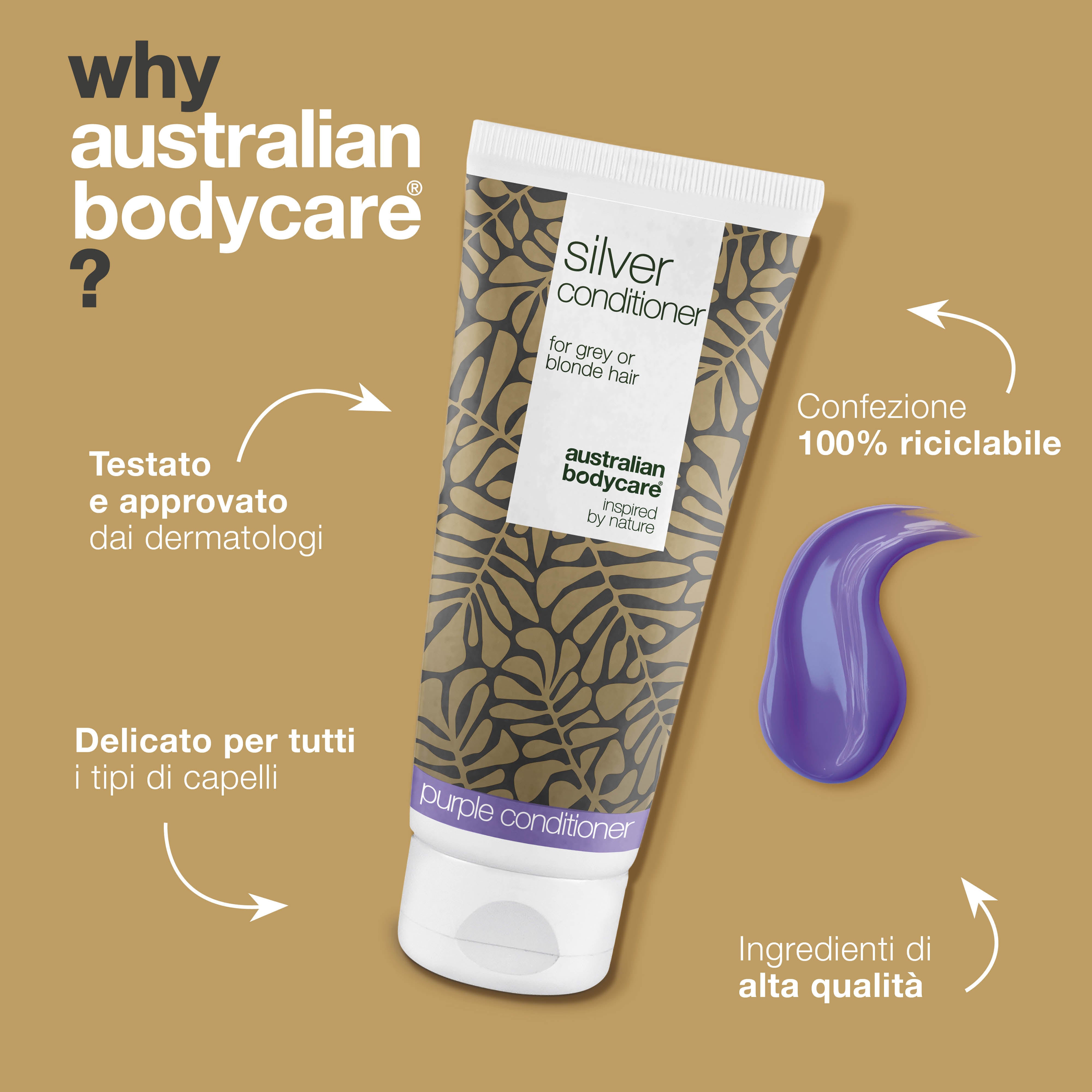 Balsamo Argento per Capelli Grigi e Biondi – Anti-Giallo — Balsamo con pigmenti viola, elimina il giallo ed esalta i toni freddi dei capelli grigi o biondi. Aggiunta lucentezza e forza.