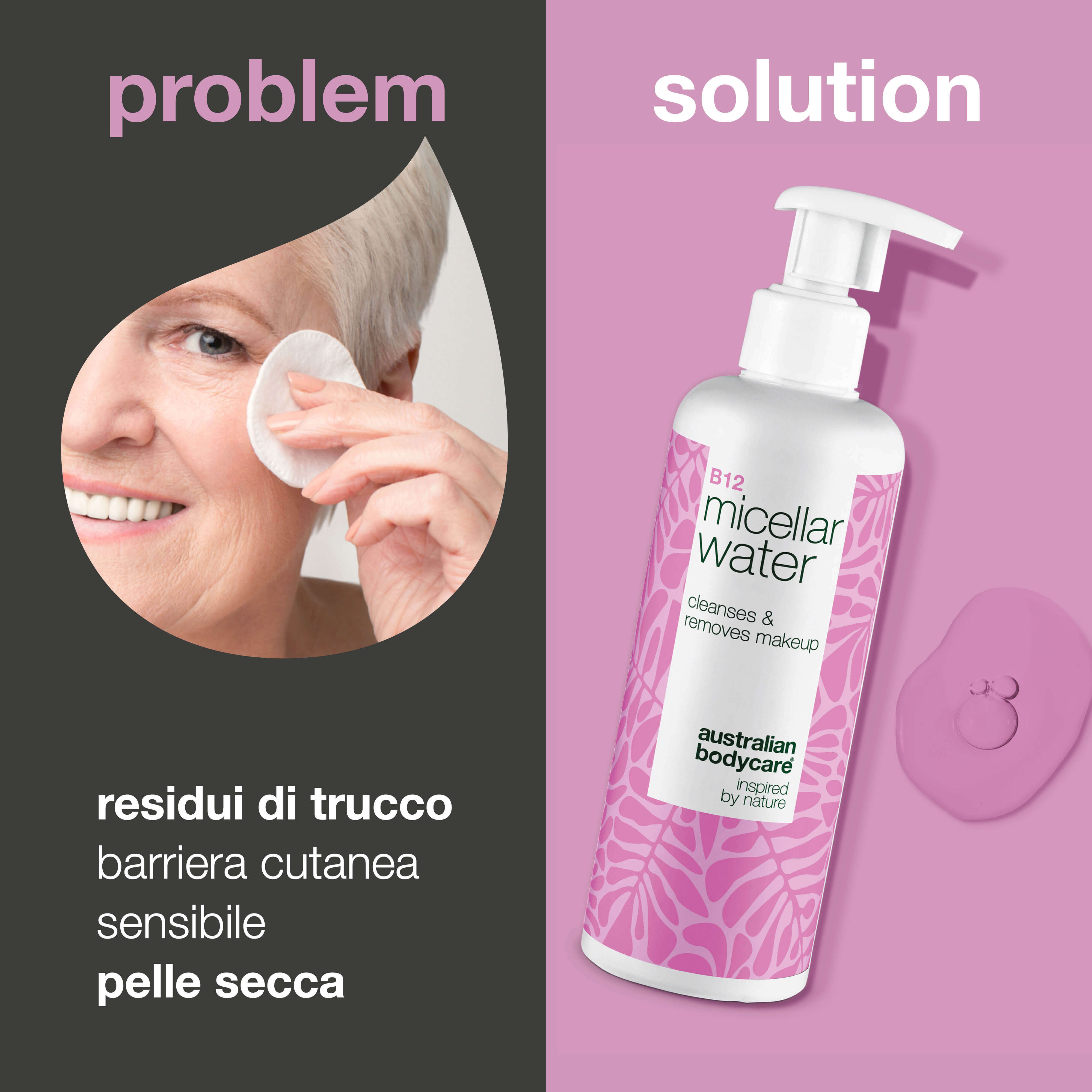 Acqua micellare B12 per pelli secche e sensibili. Deterge senza seccare. Con Vitamina B12, Niacinamide, Glicerina e Propanediolo.