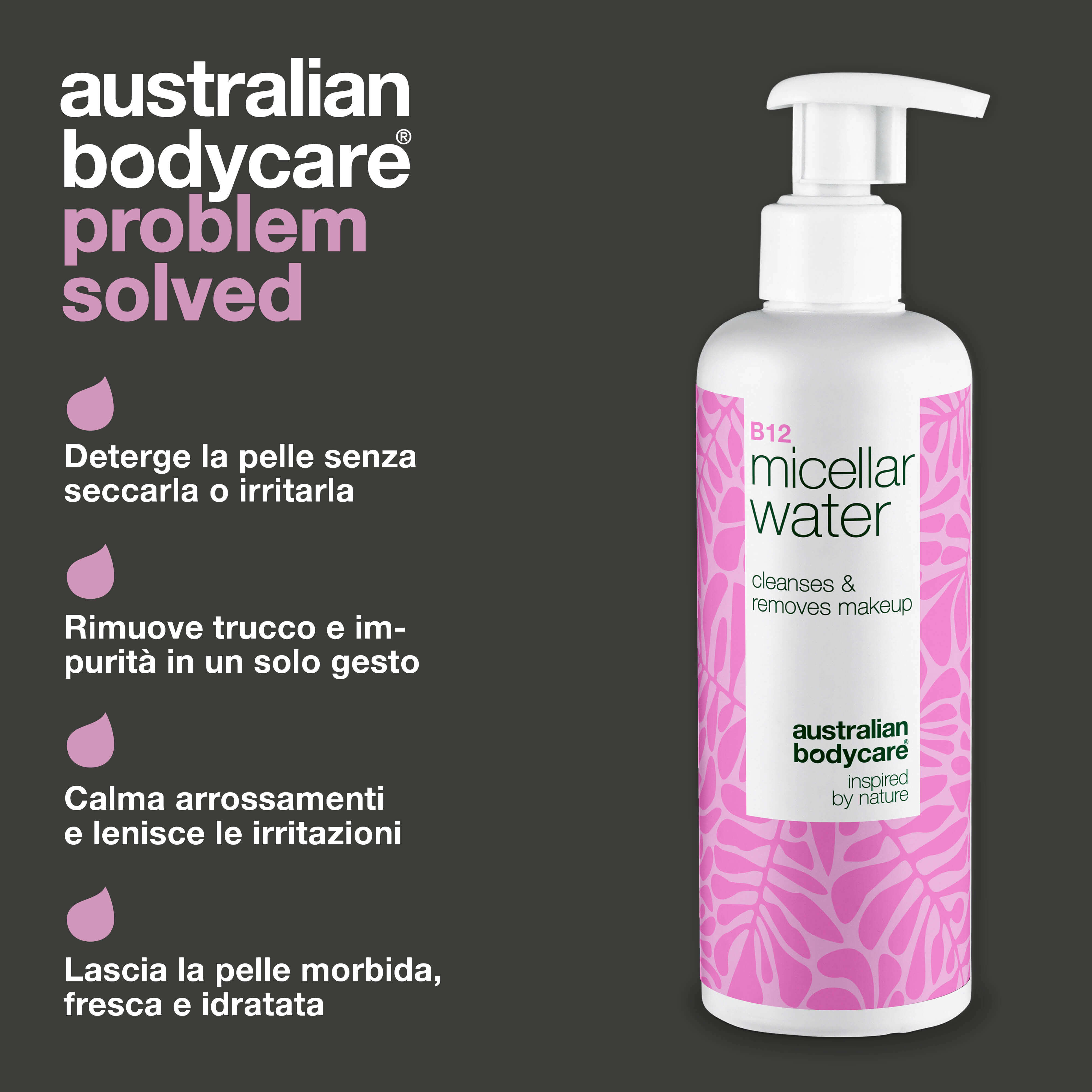 Acqua micellare B12 per pelli secche e sensibili. Deterge senza seccare. Con Vitamina B12, Niacinamide, Glicerina e Propanediolo.