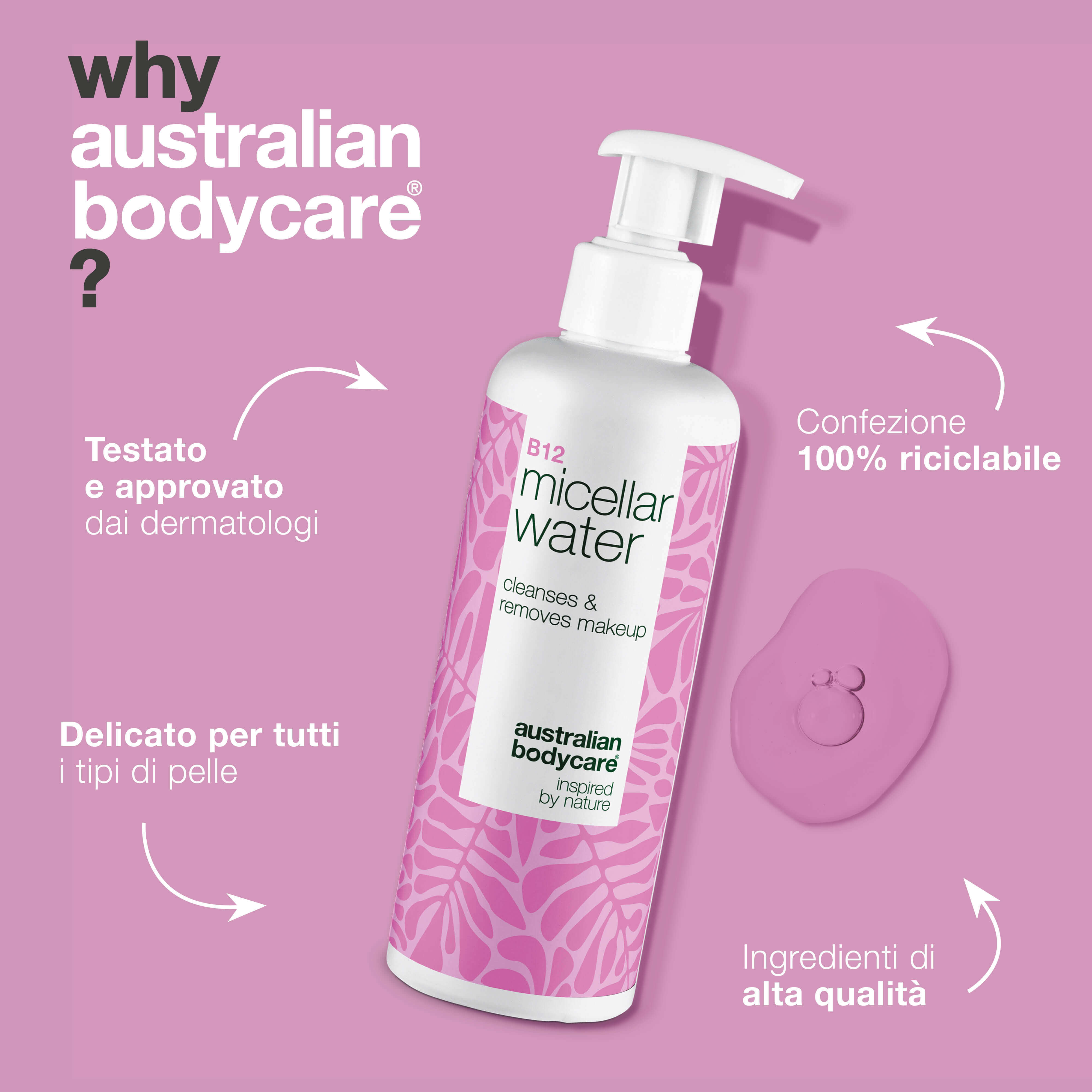 Acqua micellare B12 per pelli secche e sensibili. Deterge senza seccare. Con Vitamina B12, Niacinamide, Glicerina e Propanediolo.