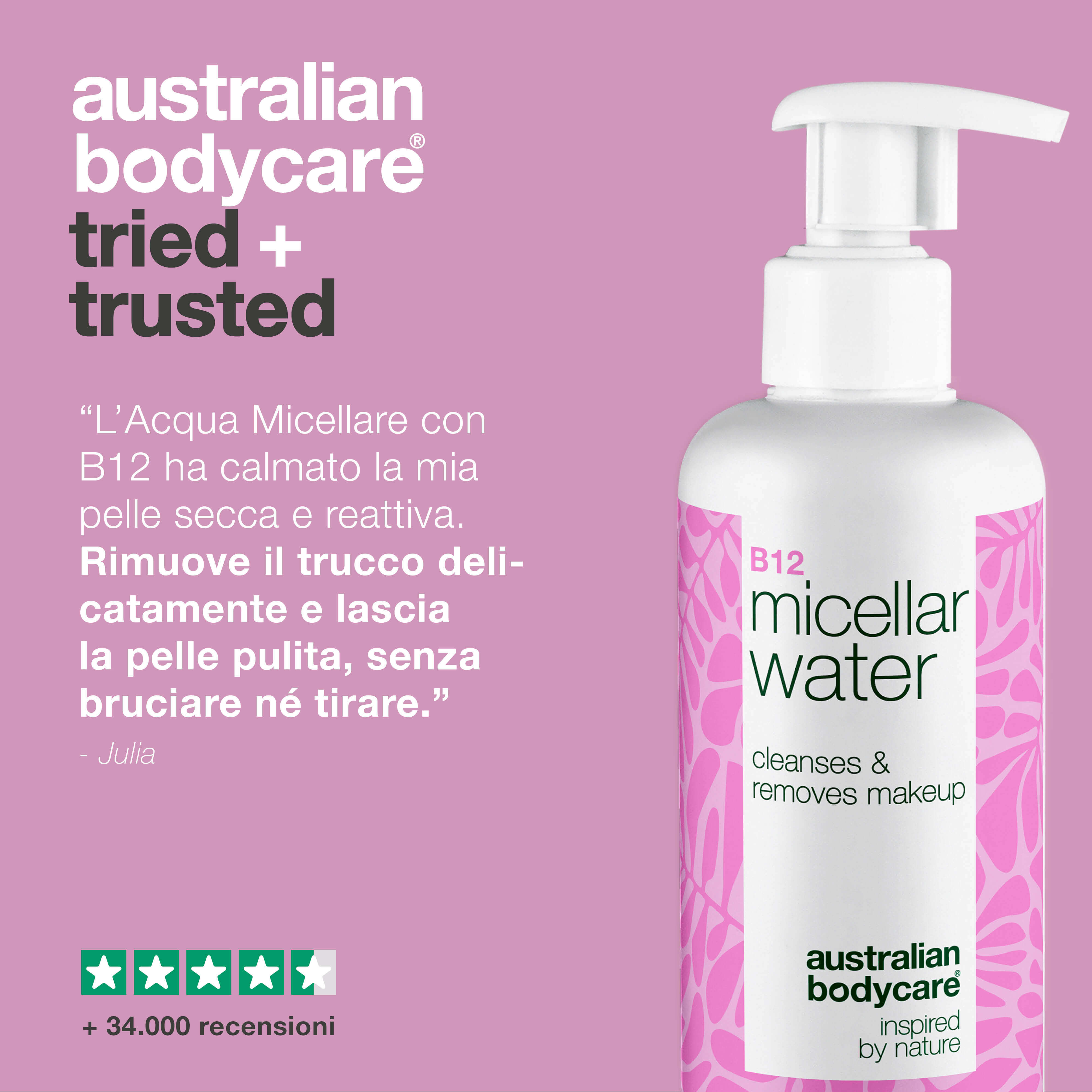 Acqua micellare B12 per pelli secche e sensibili. Deterge senza seccare. Con Vitamina B12, Niacinamide, Glicerina e Propanediolo.
