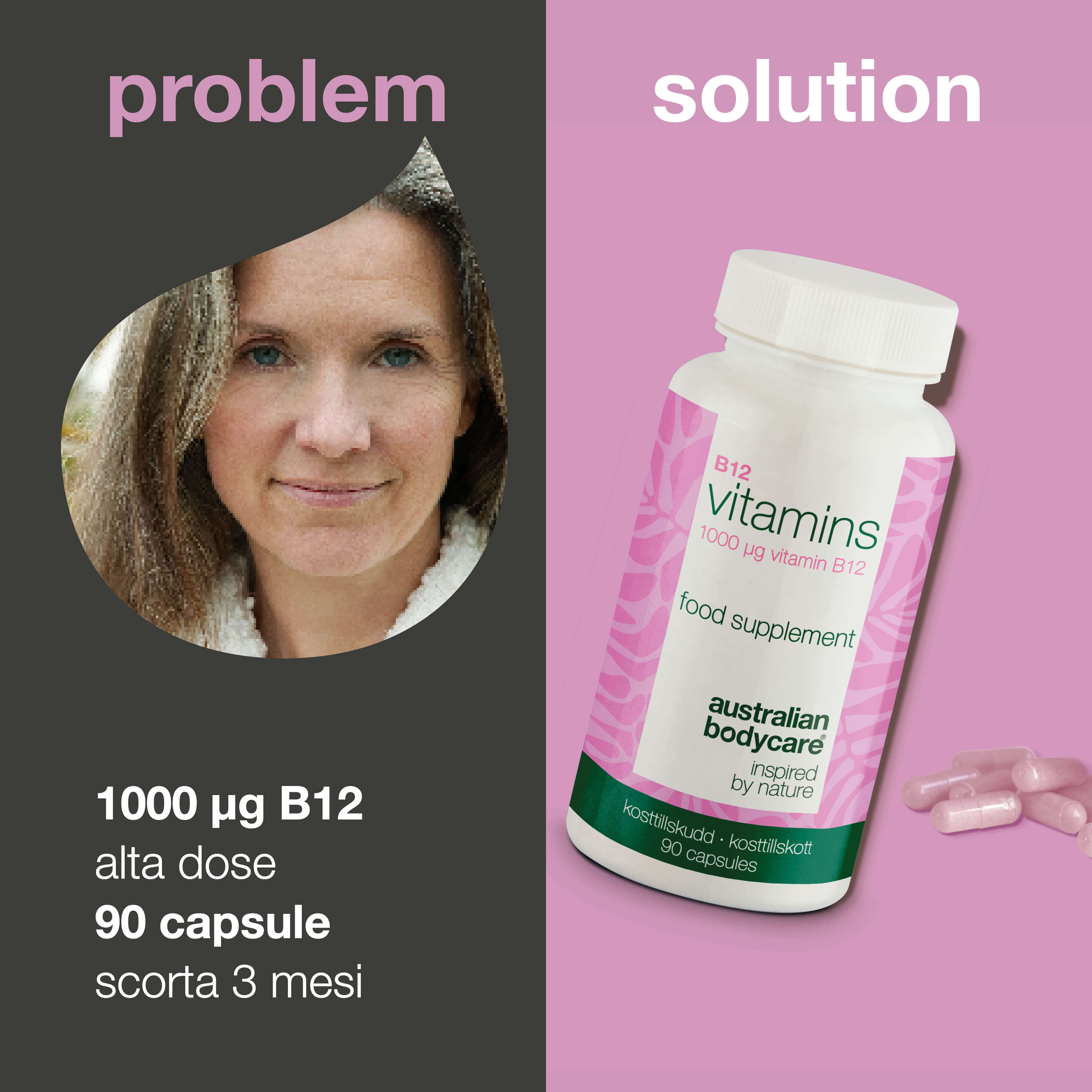 Vitamina B12 – Integratore 1000 µg, 90 Capsule Vegane — Integratore ad alta dose di vitamina B12 – 90 capsule vegane per 90 giorni. Sostegno quotidiano per energia e stile di vita vegetale.