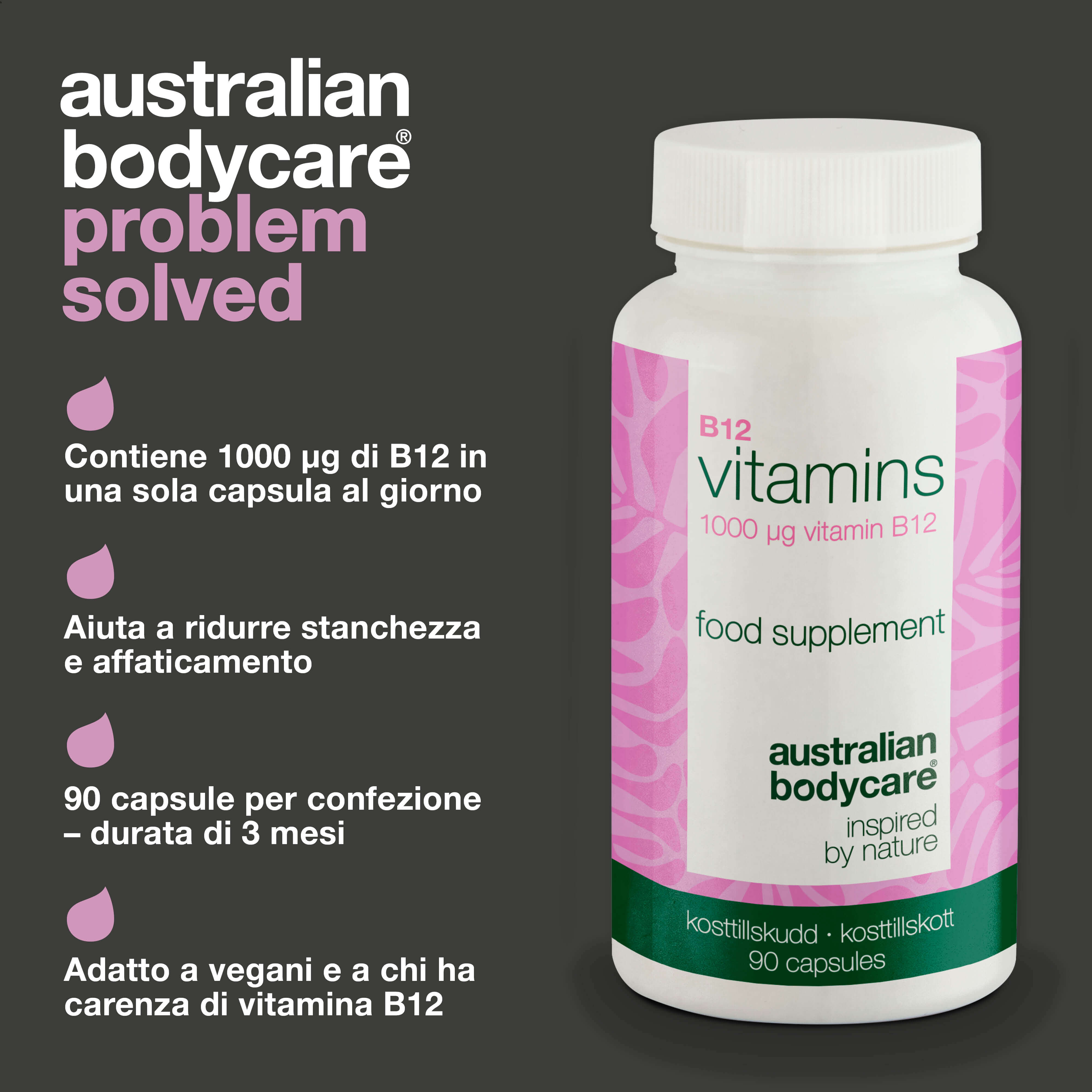 Vitamina B12 – Integratore 1000 µg, 90 Capsule Vegane — Integratore ad alta dose di vitamina B12 – 90 capsule vegane per 90 giorni. Sostegno quotidiano per energia e stile di vita vegetale.