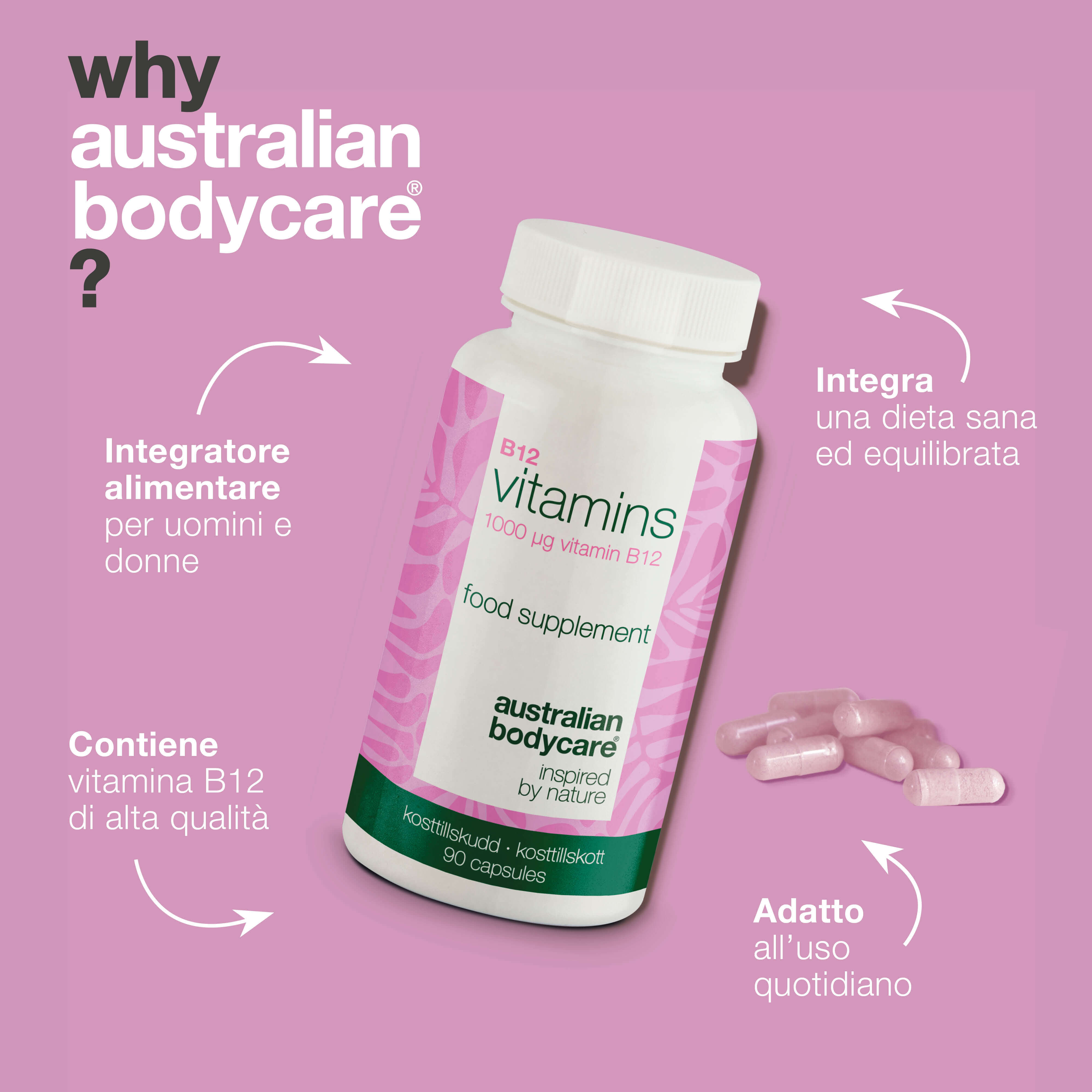 Vitamina B12 – Integratore 1000 µg, 90 Capsule Vegane — Integratore ad alta dose di vitamina B12 – 90 capsule vegane per 90 giorni. Sostegno quotidiano per energia e stile di vita vegetale.