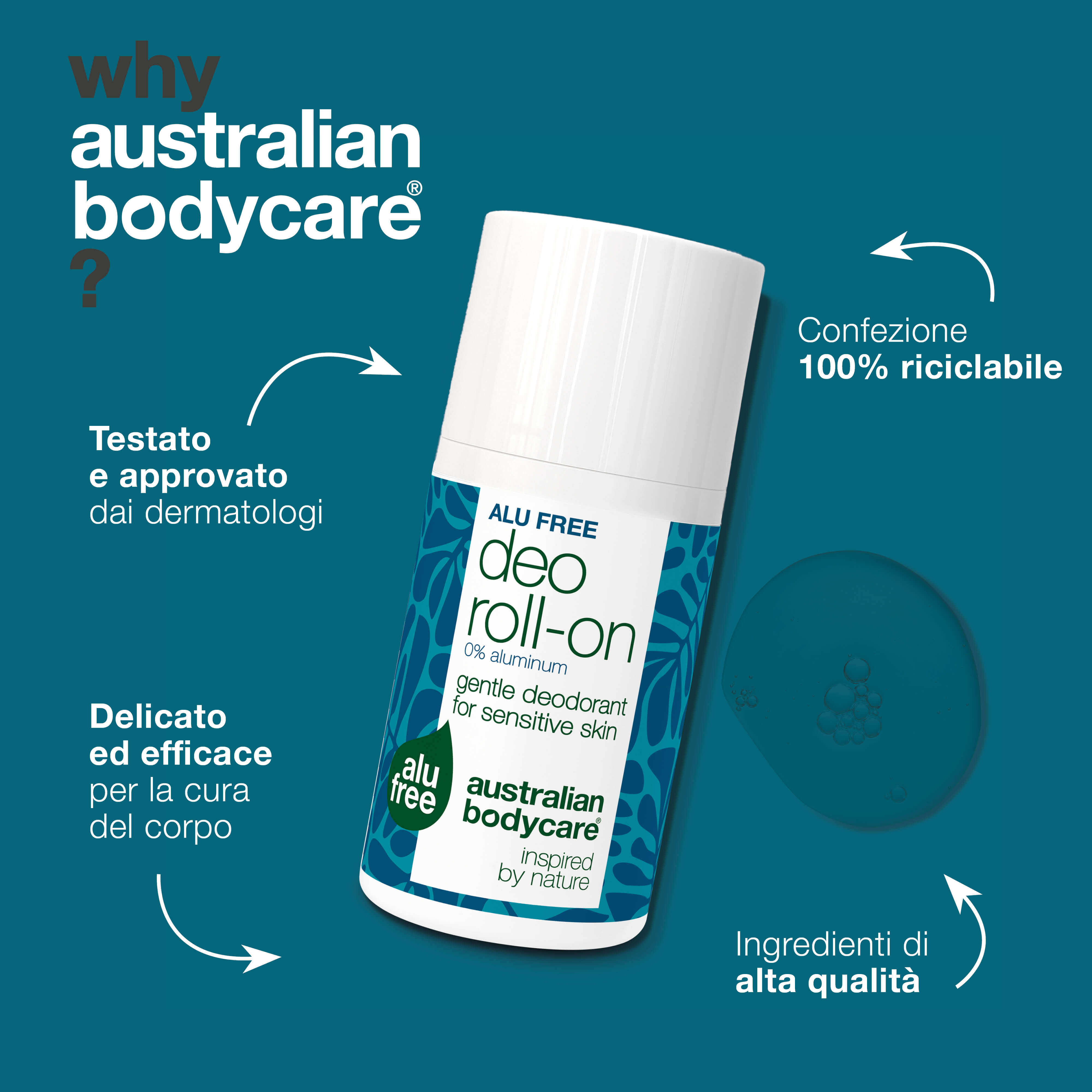 Deodorante naturale senza alluminio che aiuta a ridurre odori, umidità e rossori. Contiene 4-terpineolo, octenidina, acido lattico e glicerina.