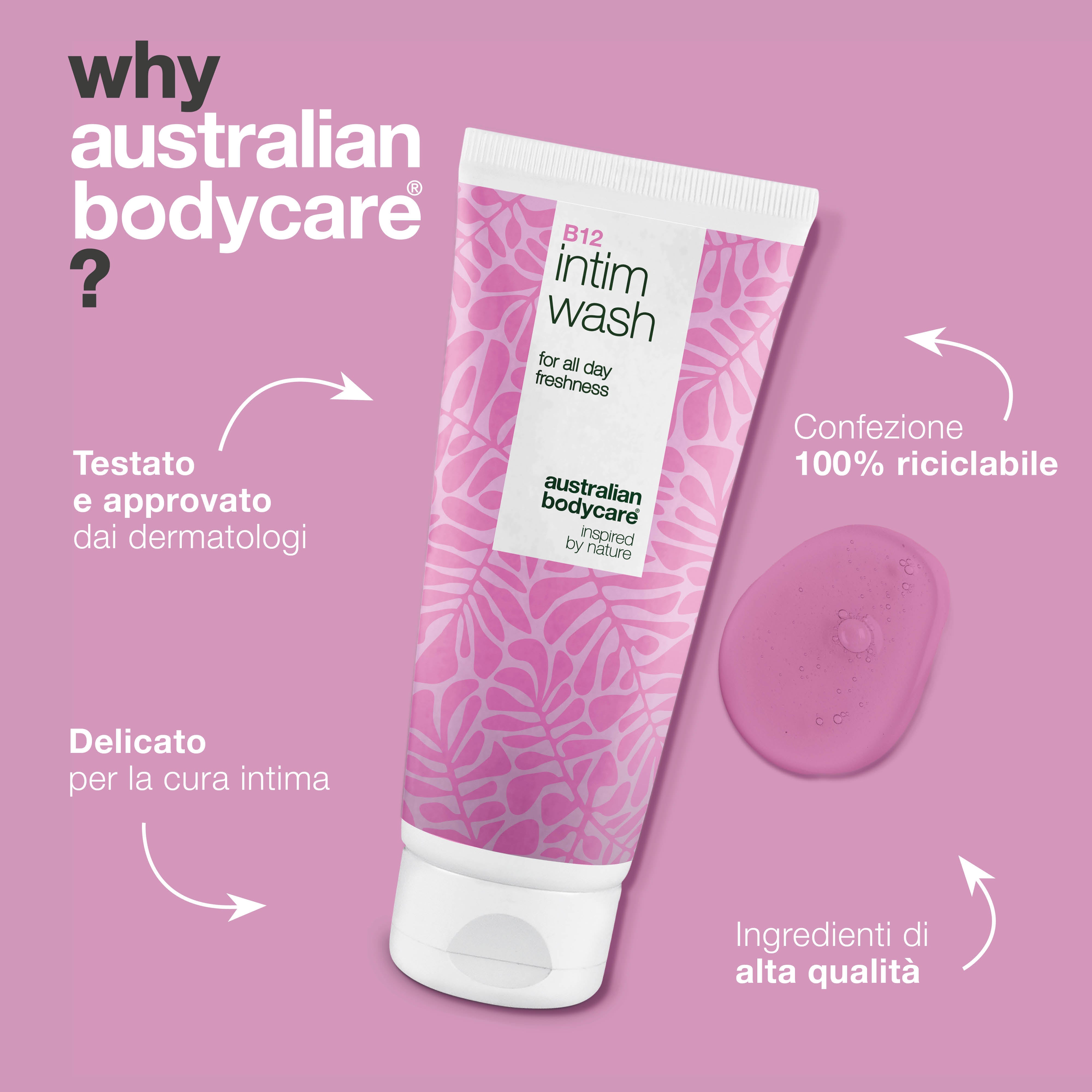 Detergente intimo per secchezza, irritazione e fastidi. Con vitamina B12, glicerina idratante e tensioattivi di origine vegetale. Ideale per 40+.