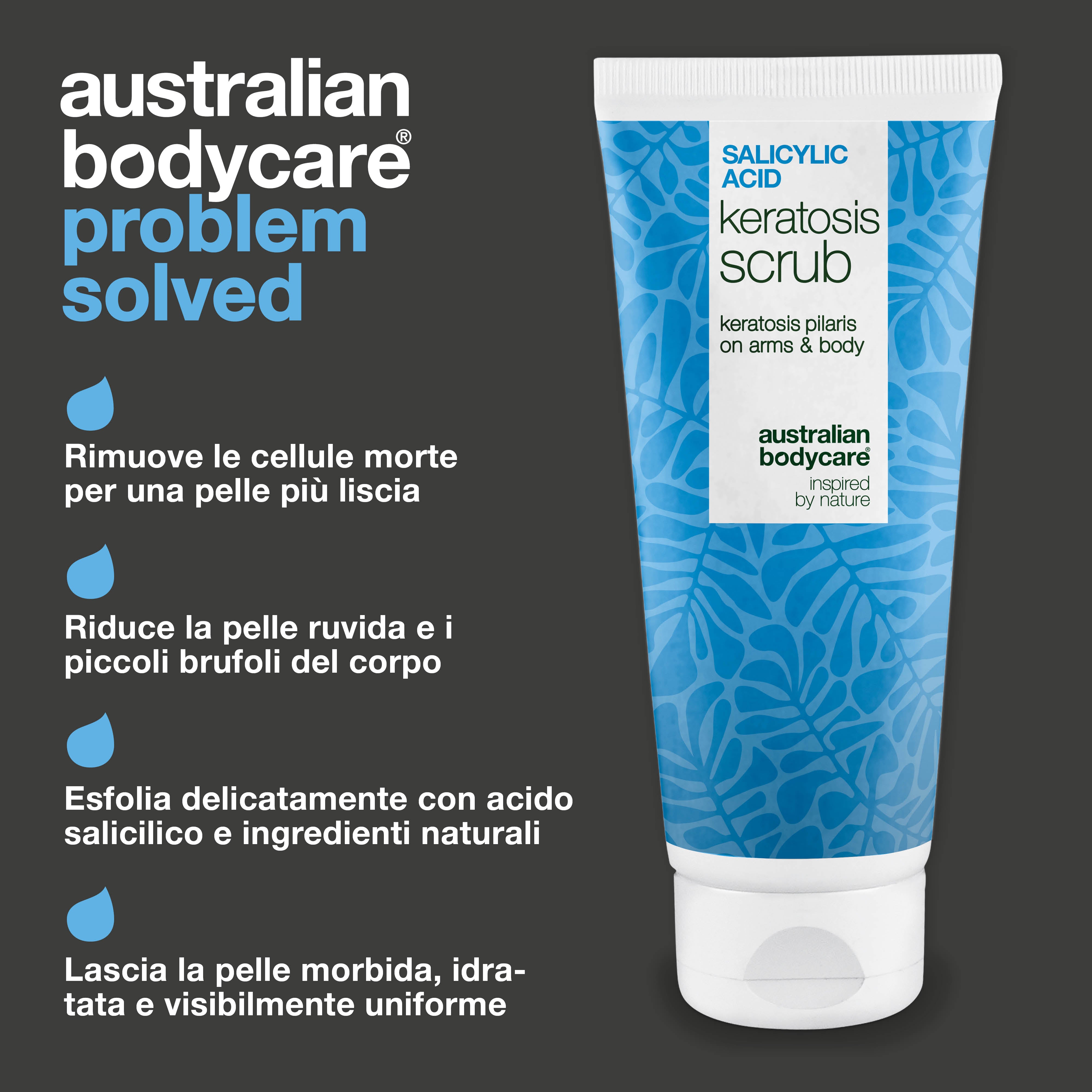 Body Scrub Cheratosi Pilare elimina cellule morte e riduce le imperfezioni. Leviga la pelle con acido salicilico, acido glicolico, allantoina e glicerina.