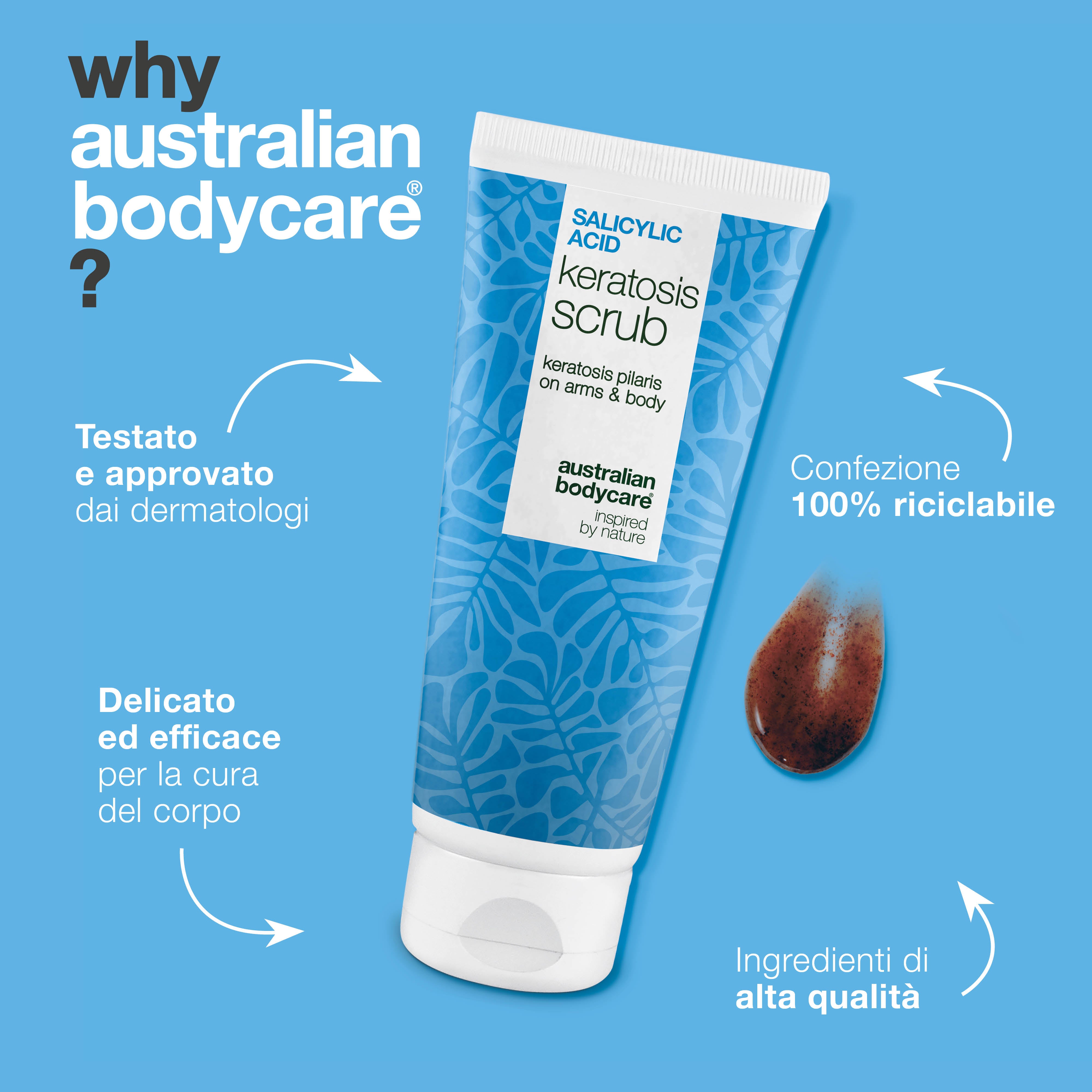 Body Scrub Cheratosi Pilare elimina cellule morte e riduce le imperfezioni. Leviga la pelle con acido salicilico, acido glicolico, allantoina e glicerina.
