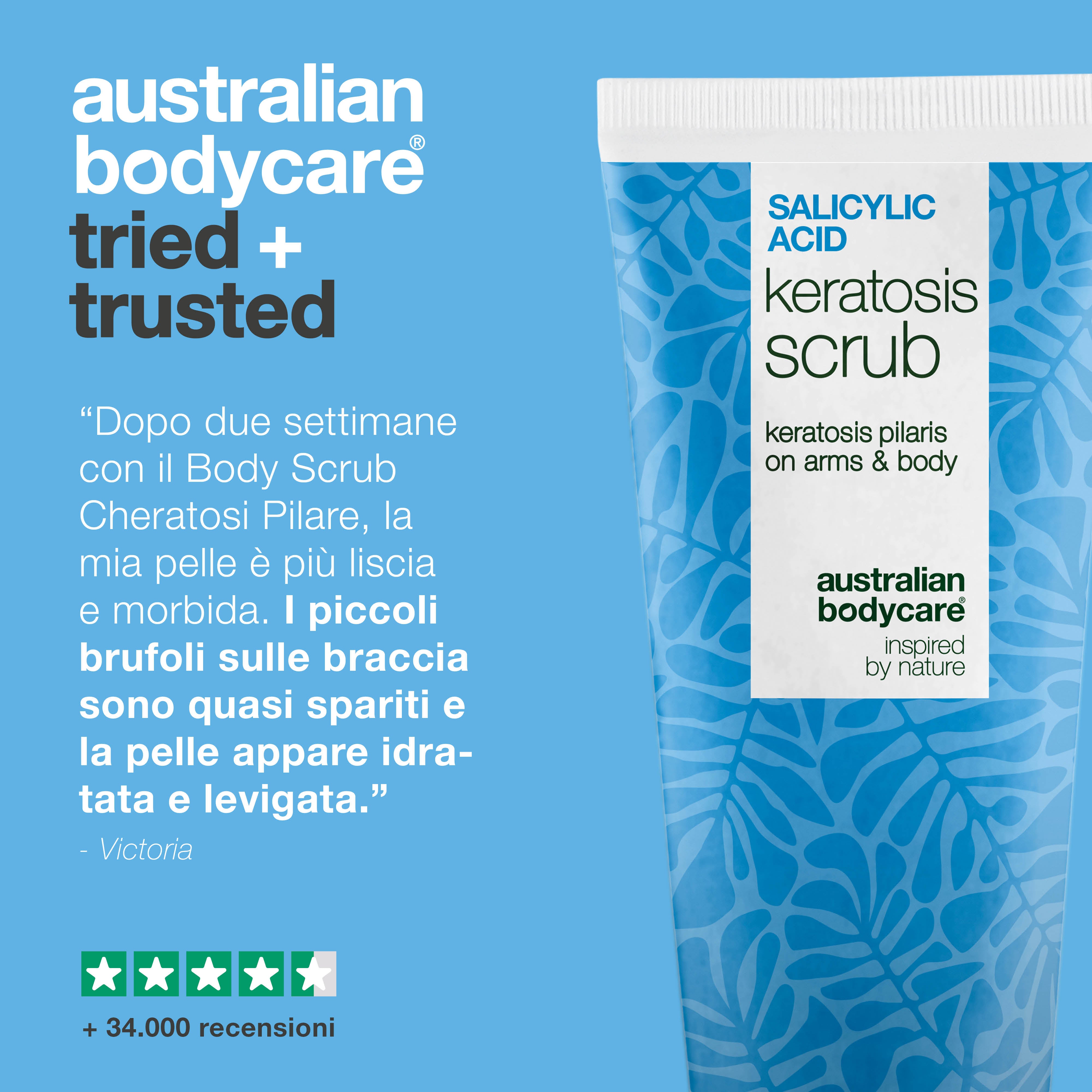Body Scrub Cheratosi Pilare elimina cellule morte e riduce le imperfezioni. Leviga la pelle con acido salicilico, acido glicolico, allantoina e glicerina.