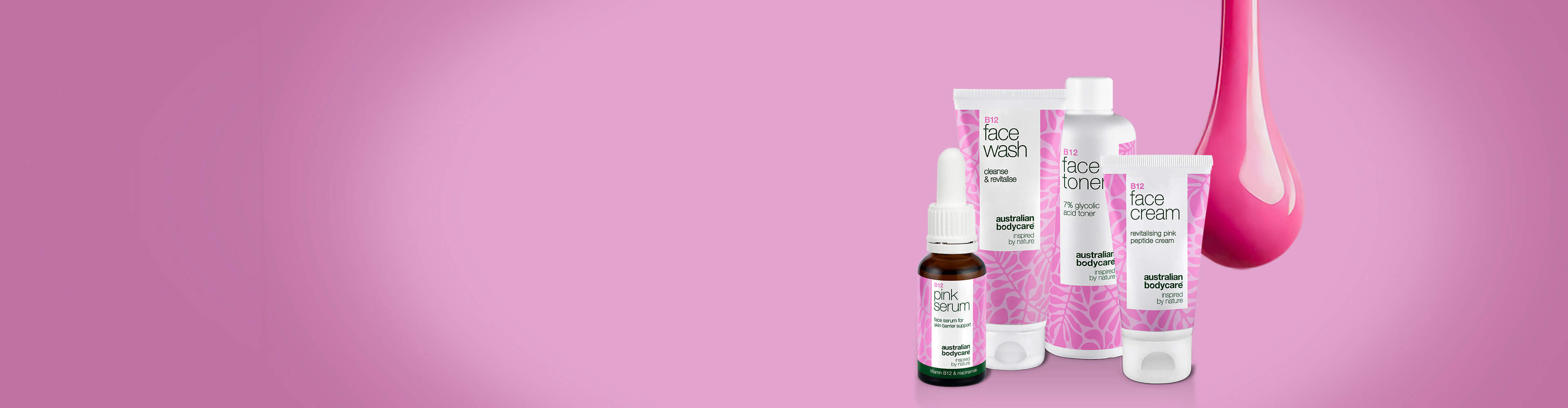 Banner sulla vitamina B12 che mostra 4 dei nuovi prodotti a base di vitamina B12 e il familiare colore rosa