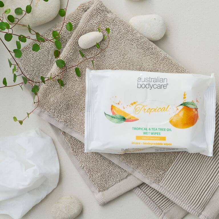 Salviette igienizzanti monouso con Mango e Tea Tree Oil (24 pezzi) - Per la detersione quotidiana del corpo e del viso