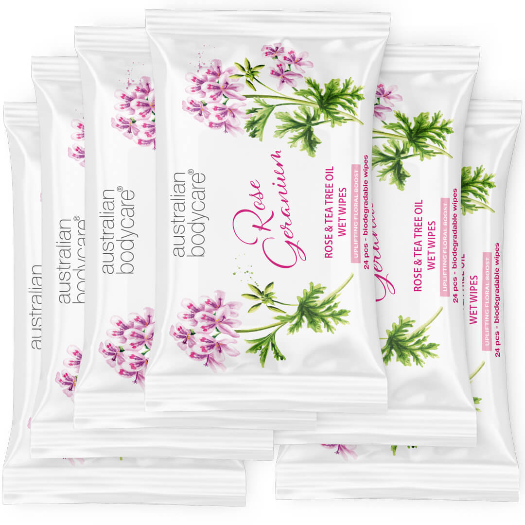 Salviettine umidificate per adulti con Geranio Rosa e Tea Tree Oil (24 pezzi) - Detergono eliminando batteri, sporco e make–up