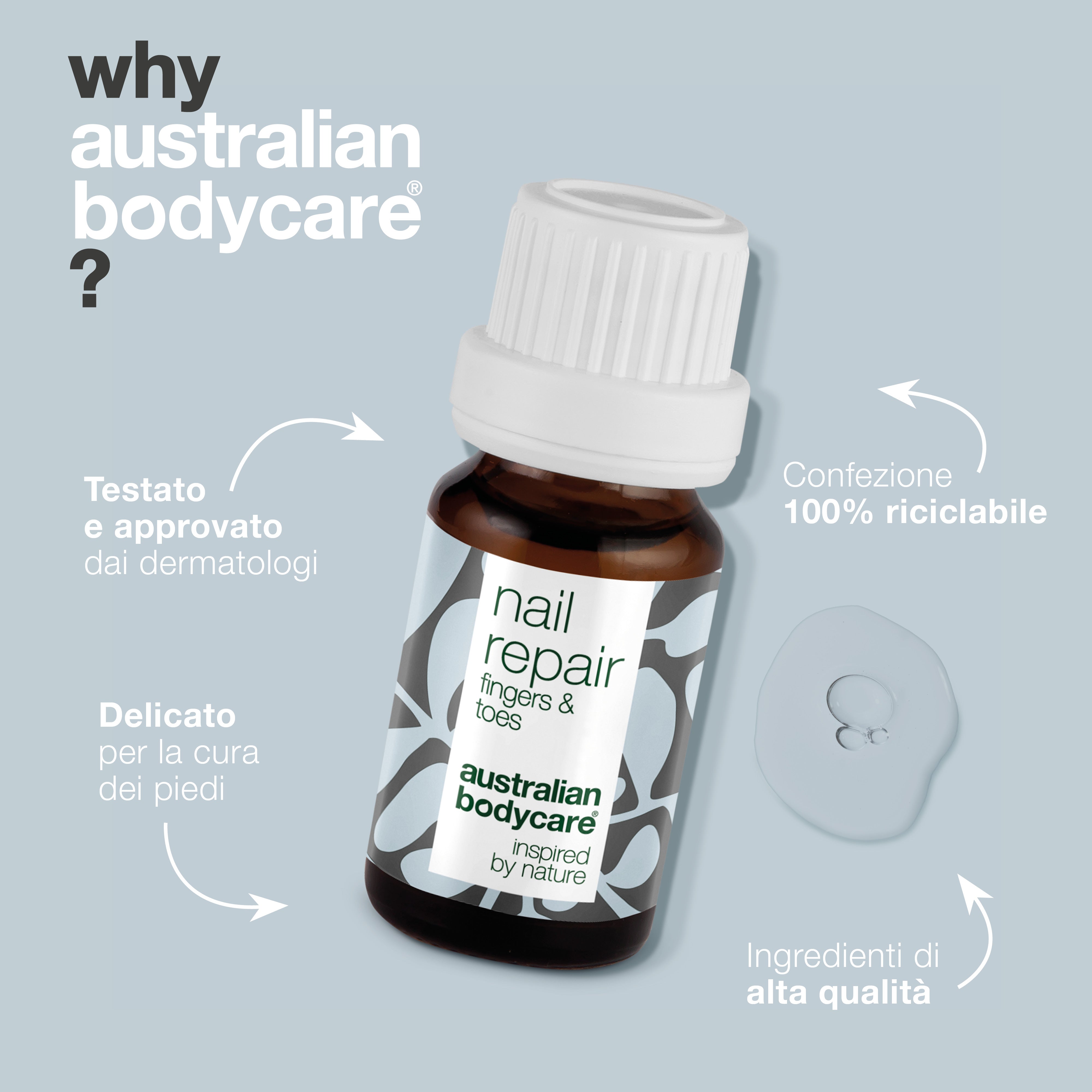 Olio per unghie screpolate e scolorite — Ripristina la salute delle tue unghie con il nostro olio per unghie. Combatte le unghie screpolate, ruvide e scolorite con il 4-terpineolo naturale, noto dall'olio dell'albero del tè, e la vitamina E.