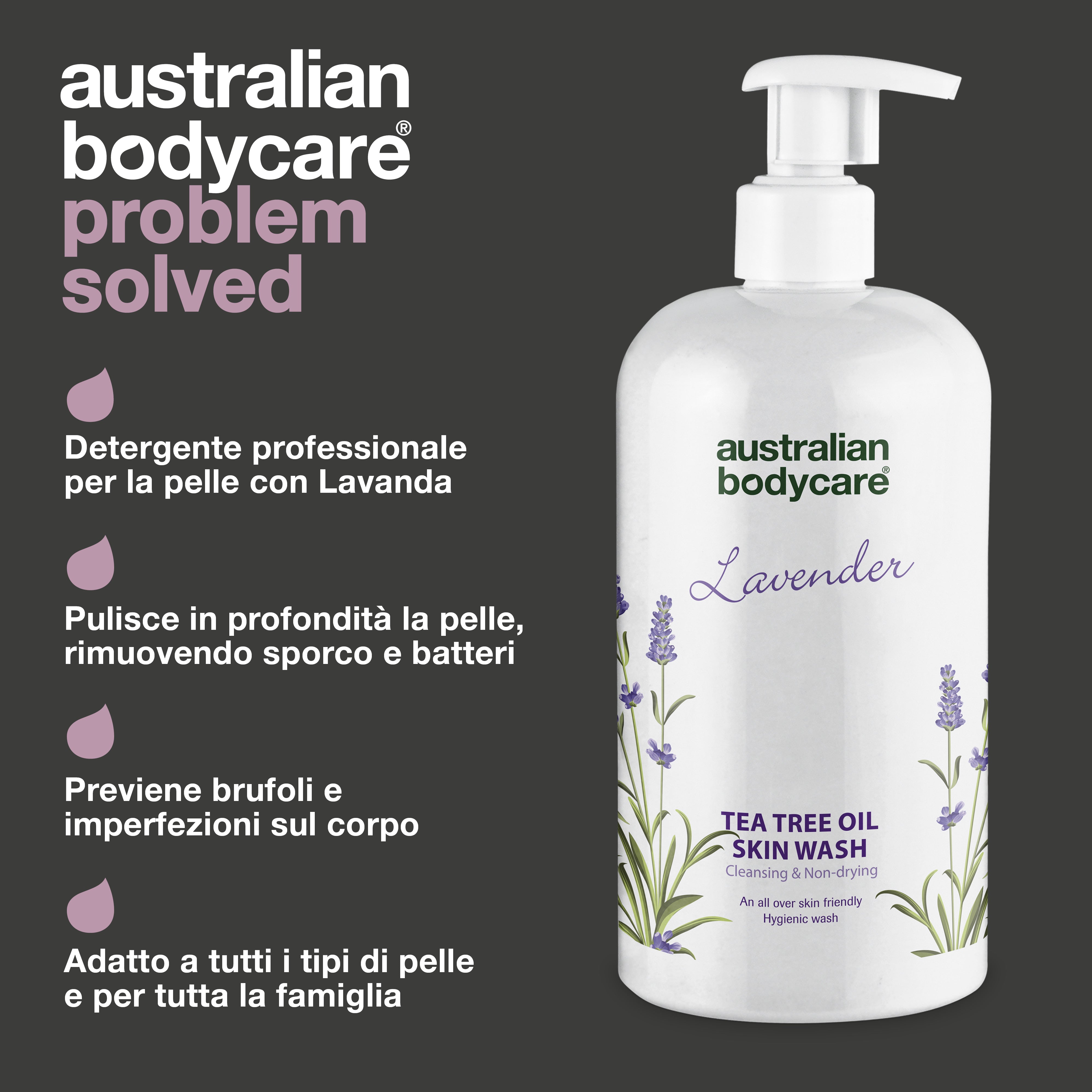 Detergente professionale per la pelle alla lavanda: gel doccia professionale con olio di melaleuca e lavanda per lavare il corpo ogni giorno