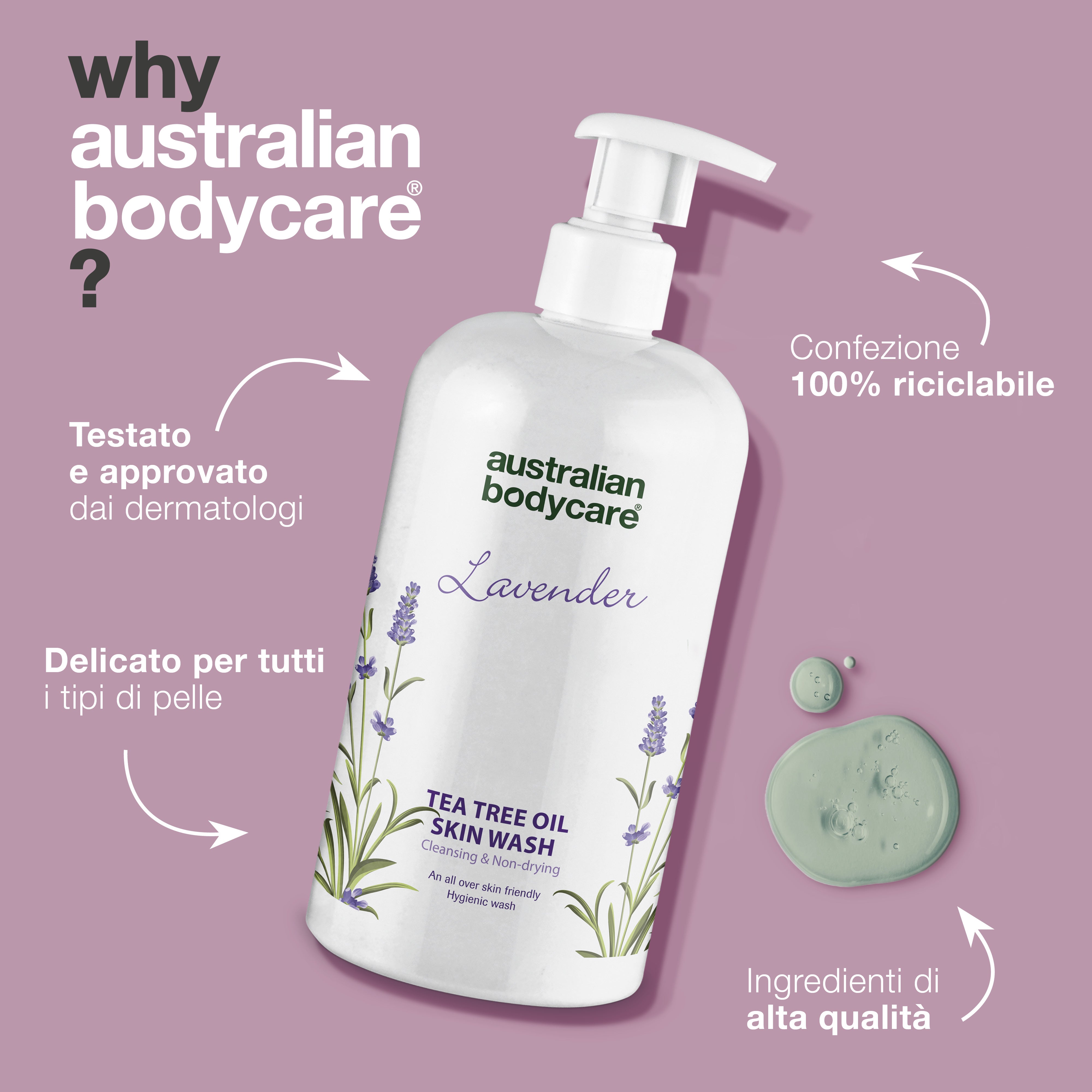 Detergente professionale per la pelle alla lavanda: gel doccia professionale con olio di melaleuca e lavanda per lavare il corpo ogni giorno