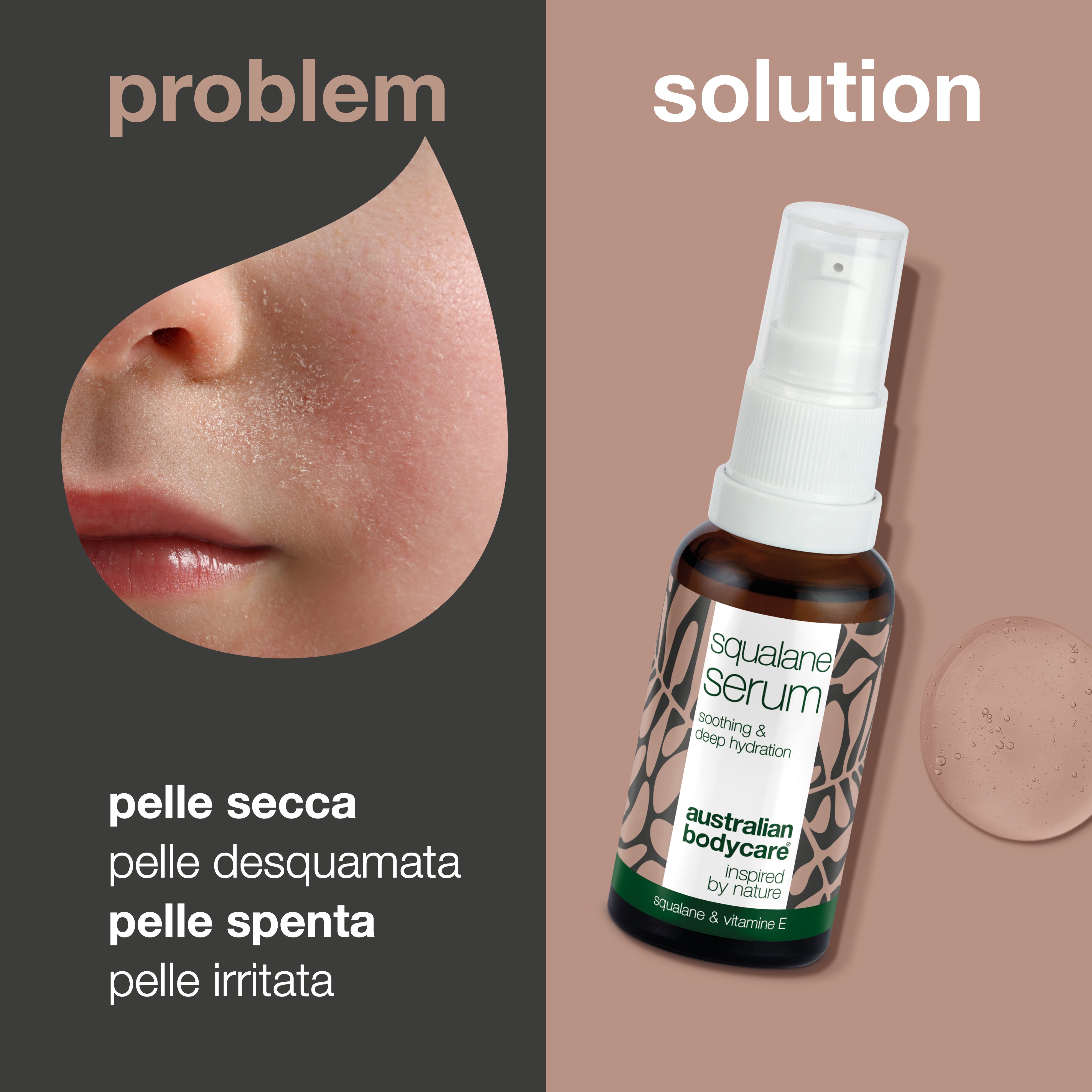 Siero idratante con squalano e vitamina E per pelli secche — Siero idratante intensivo con squalano, vitamina E e olio dell'albero del tè per pelli molto secche
