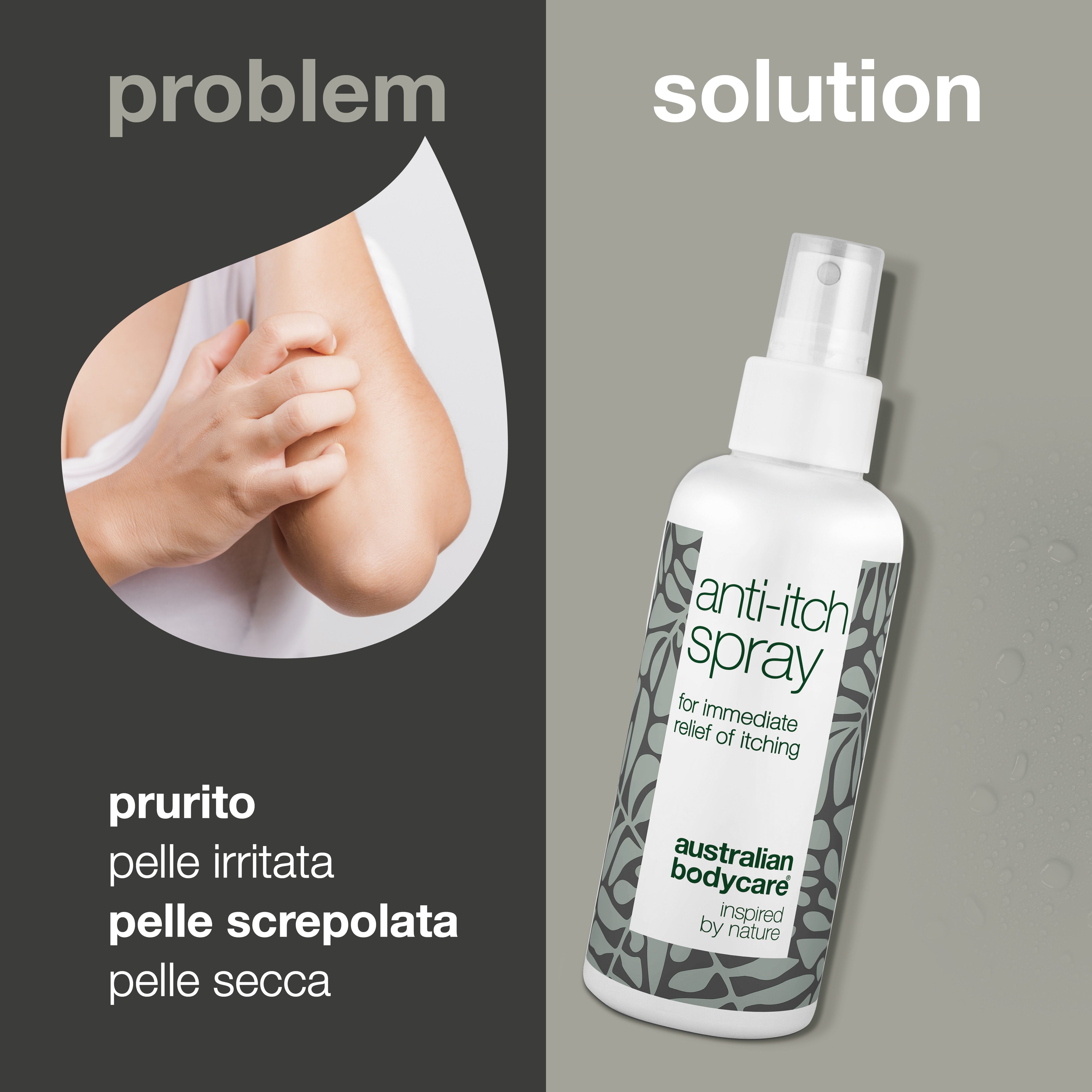 Spray per prurito cutaneo – Sollievo lenitivo e rinfrescante – Soffri di prurito e pelle irritata? Il nostro spray lenitivo fornisce un rapido sollievo con ingredienti naturali, calmando e rinfrescando istantaneamente la pelle. Dermatologicamente testato e 100% vegano.