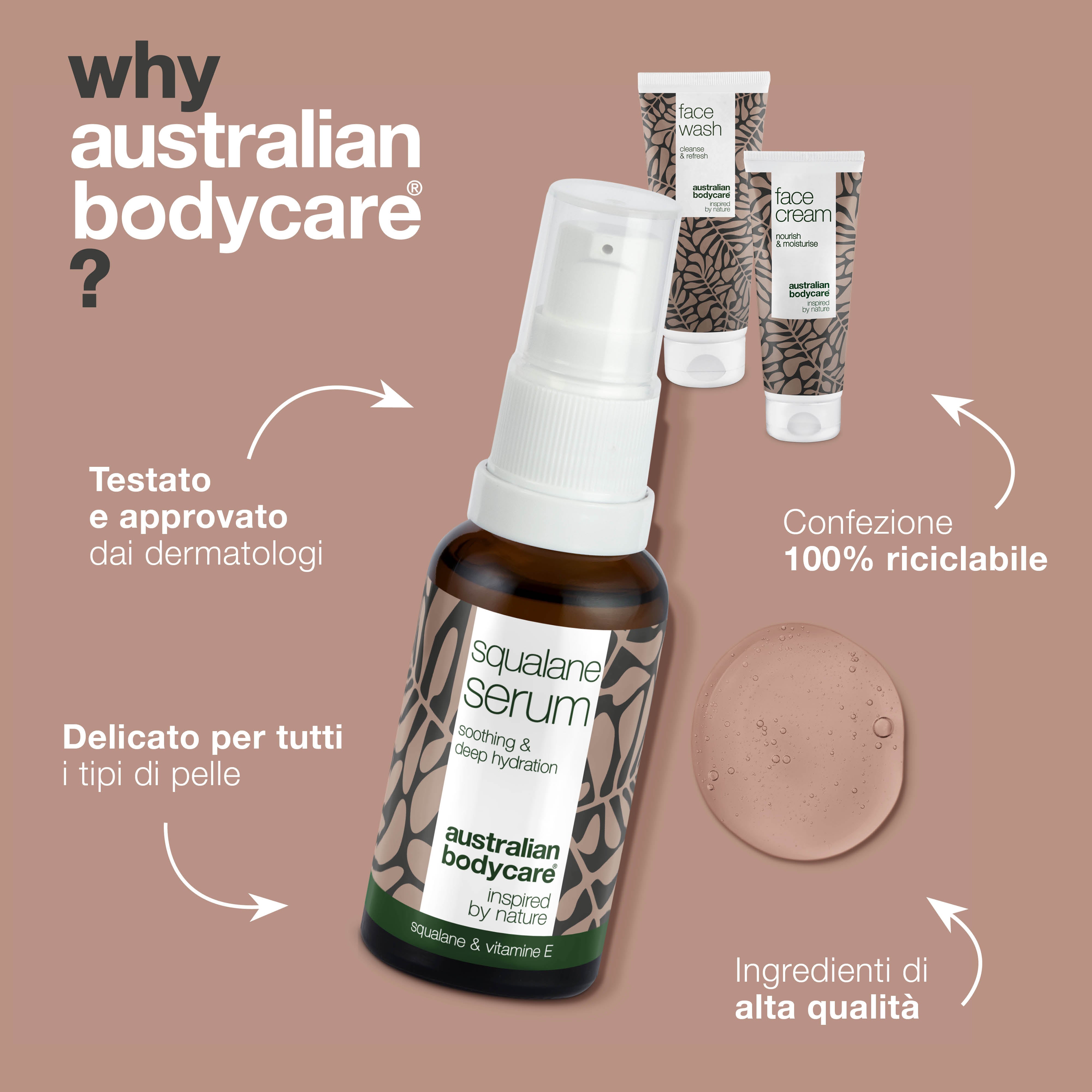 Set per pelle del viso molto secca e pruriginosa — 3 prodotti idratanti: detergente viso, siero e crema allo squalano