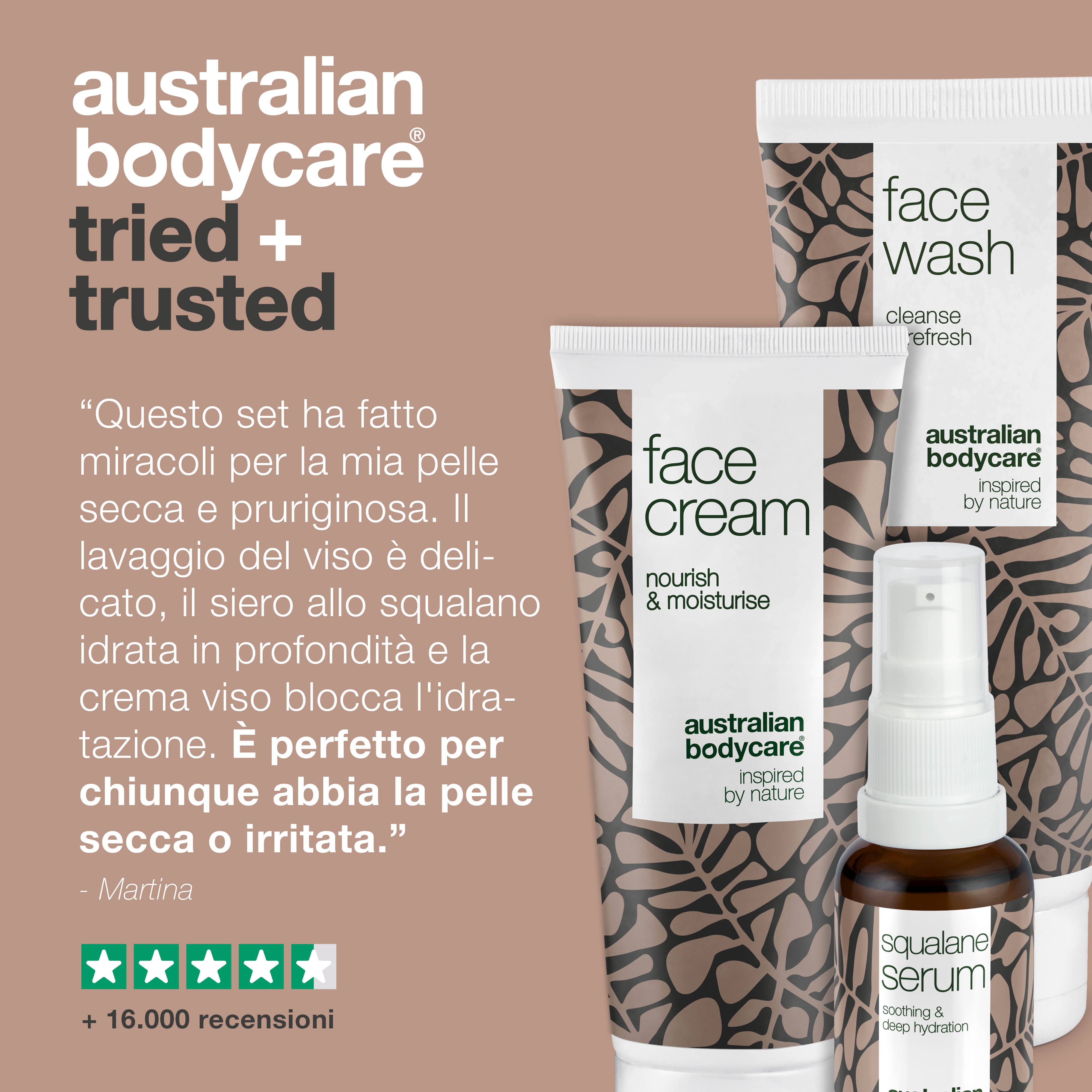 Set per pelle del viso molto secca e pruriginosa — 3 prodotti idratanti: detergente viso, siero e crema allo squalano