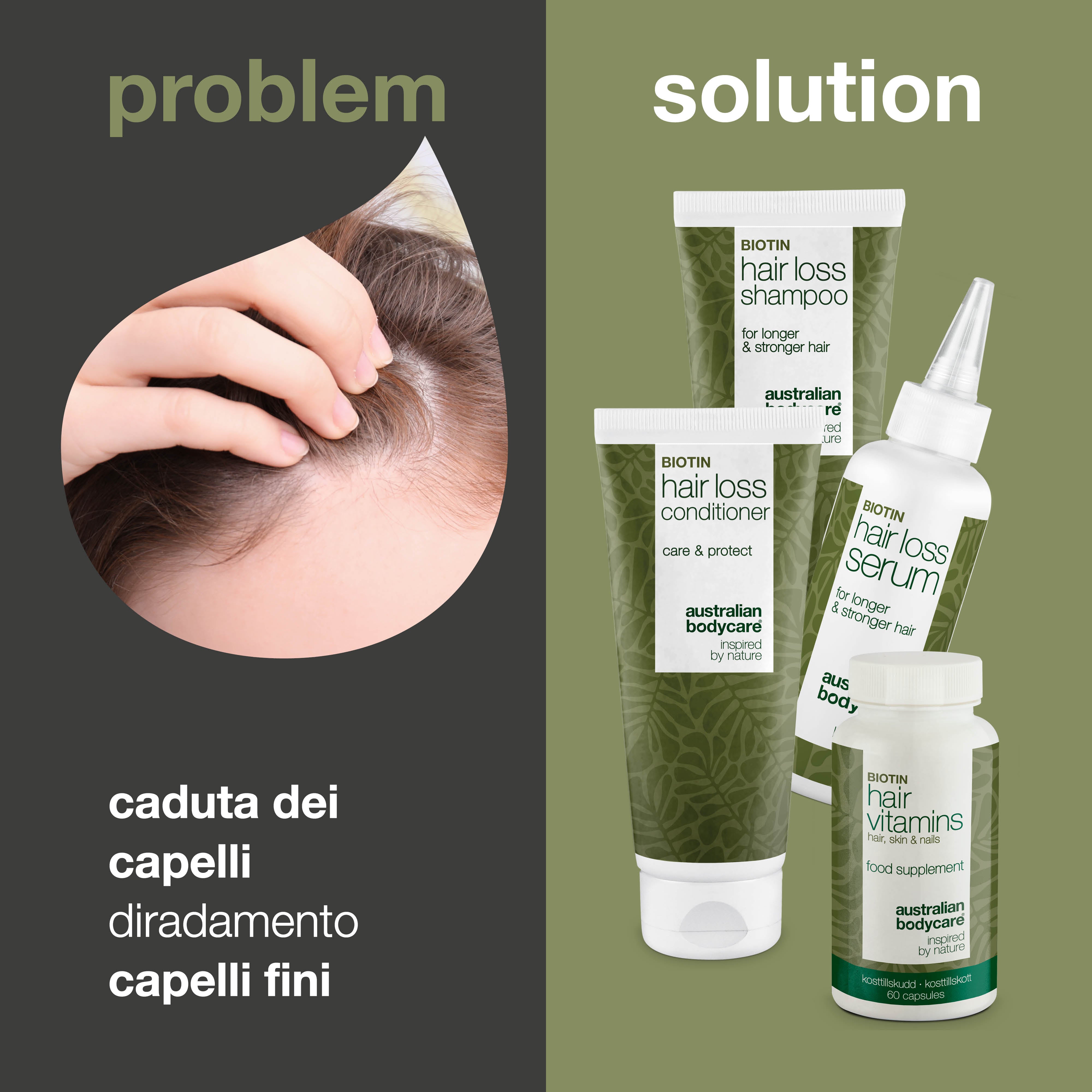 4 prodotti per perdita dei capelli e capelli fini — Kit anticaduta con biotina, Tea Tree Oil e Capilia Longa