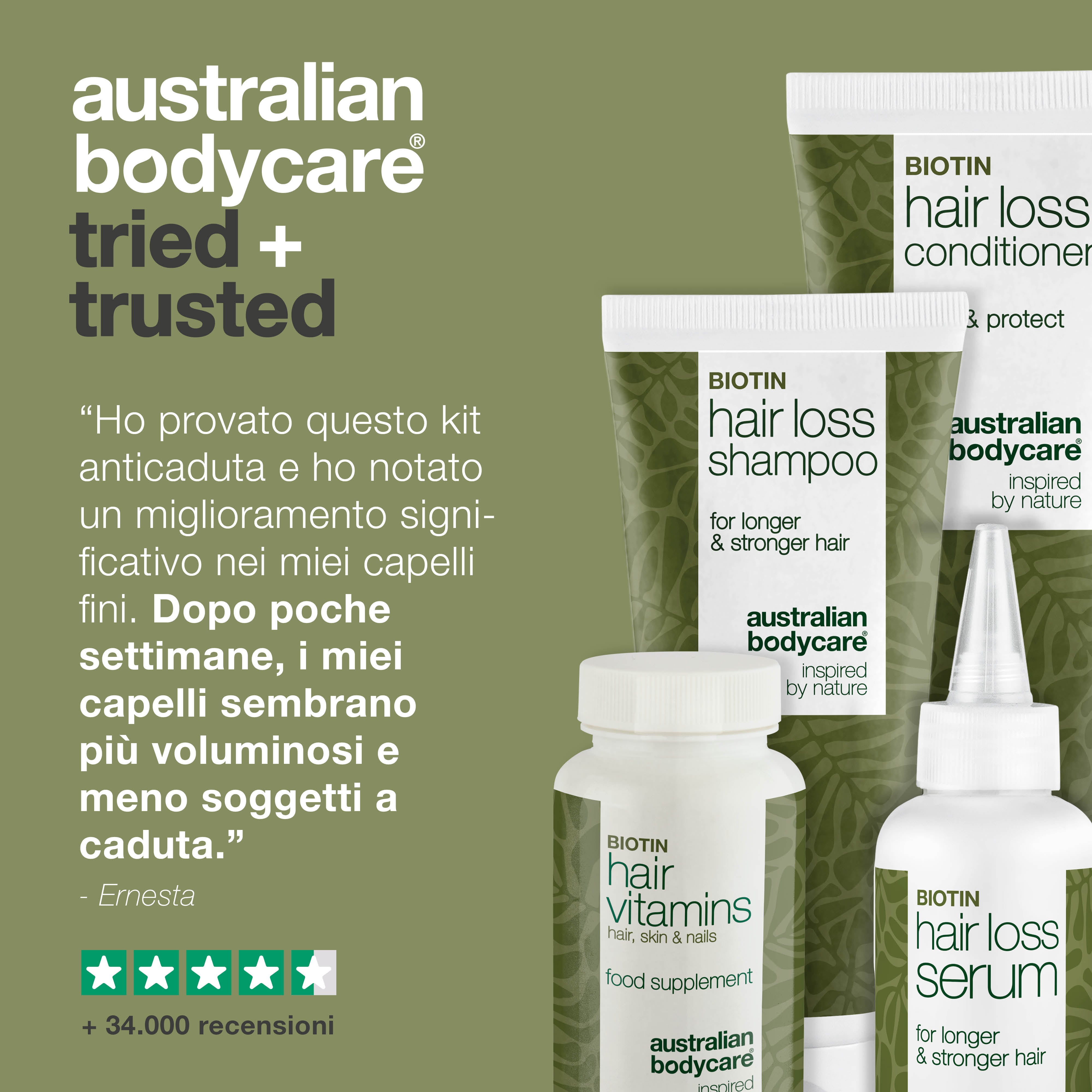 4 prodotti per perdita dei capelli e capelli fini — Kit anticaduta con biotina, Tea Tree Oil e Capilia Longa