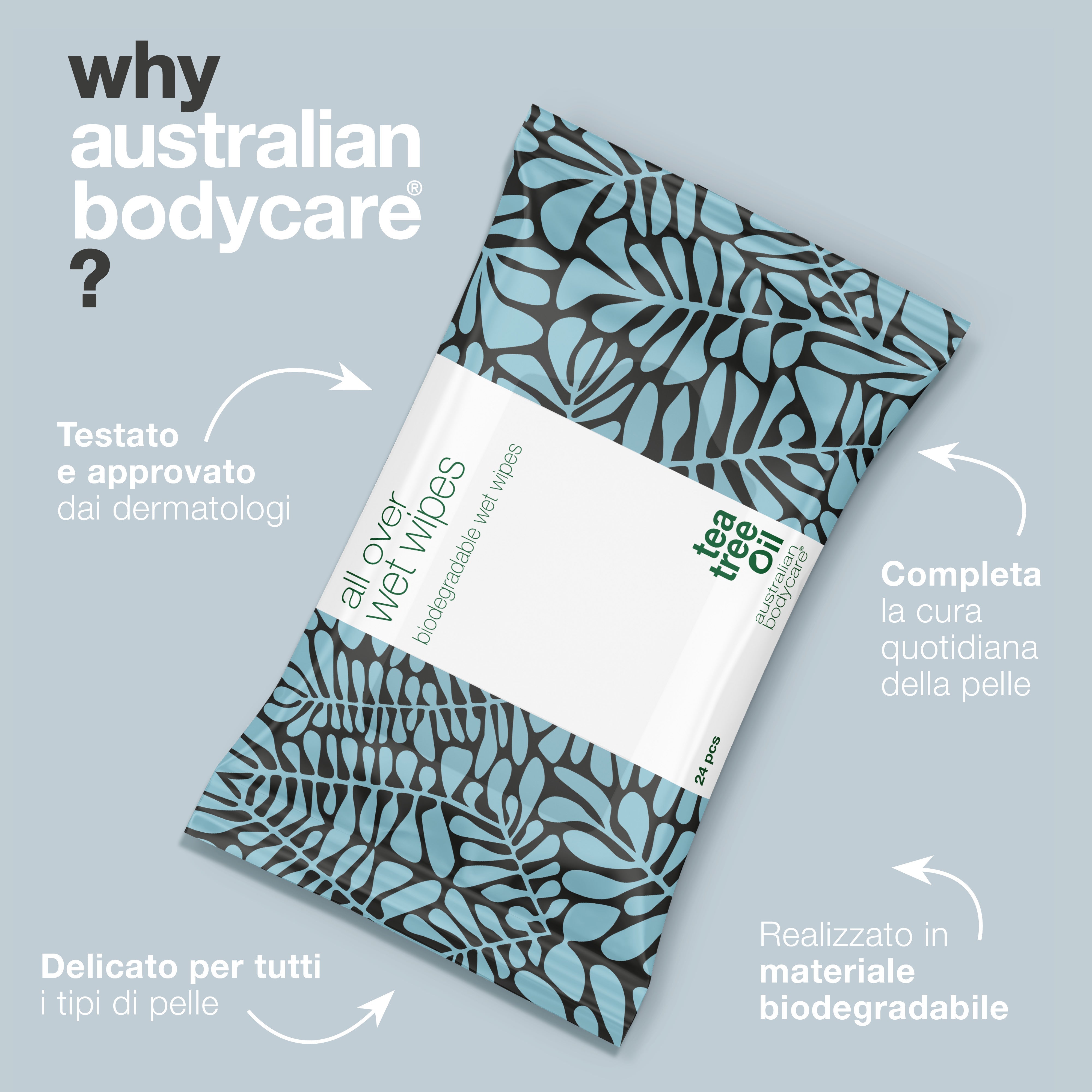 Salviette umidificate per adulti con olio di melaleuca 24 pz — Pulisce efficacemente la pelle del corpo