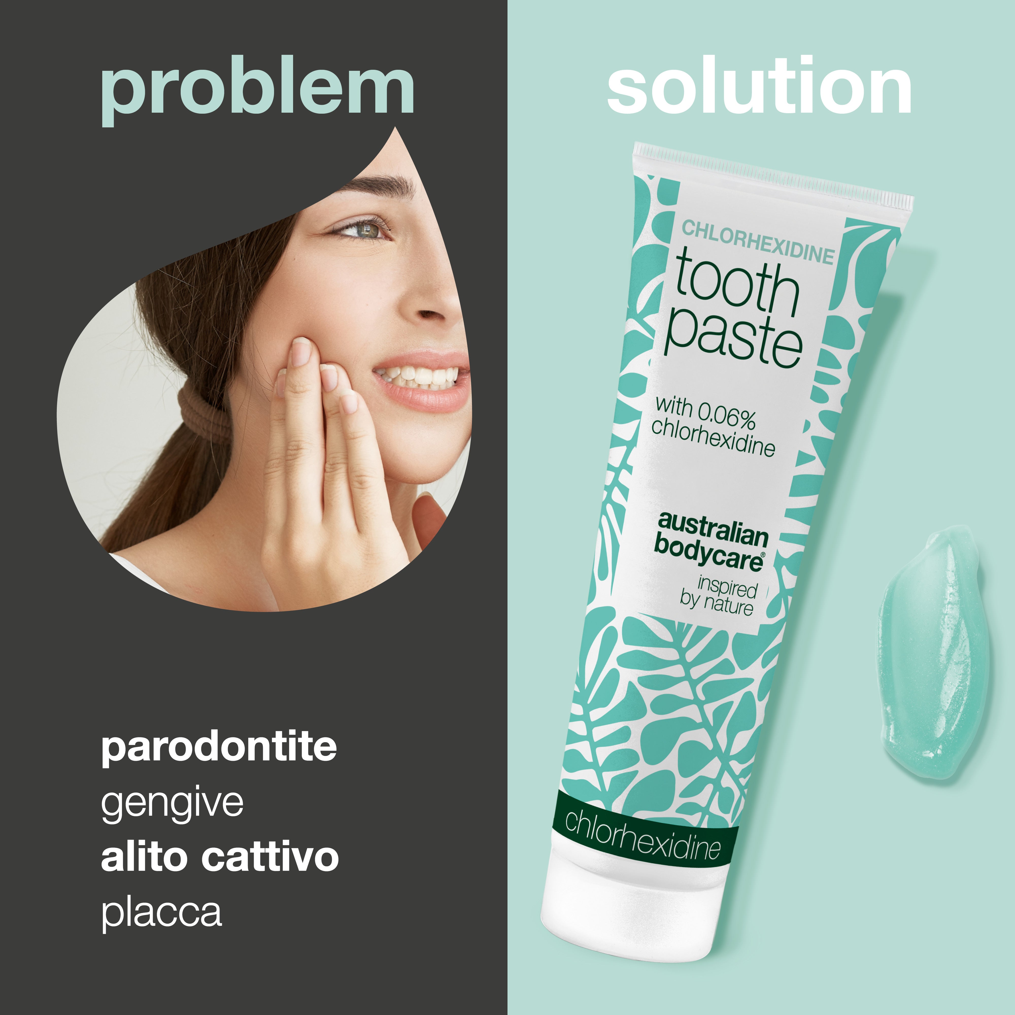Problema e soluzione affiancati: a sinistra una donna che si tiene la guancia, con le diciture parodontite, gengive sensibili, alito cattivo e placca. A destra il tubetto di dentifricio e una goccia di gel.