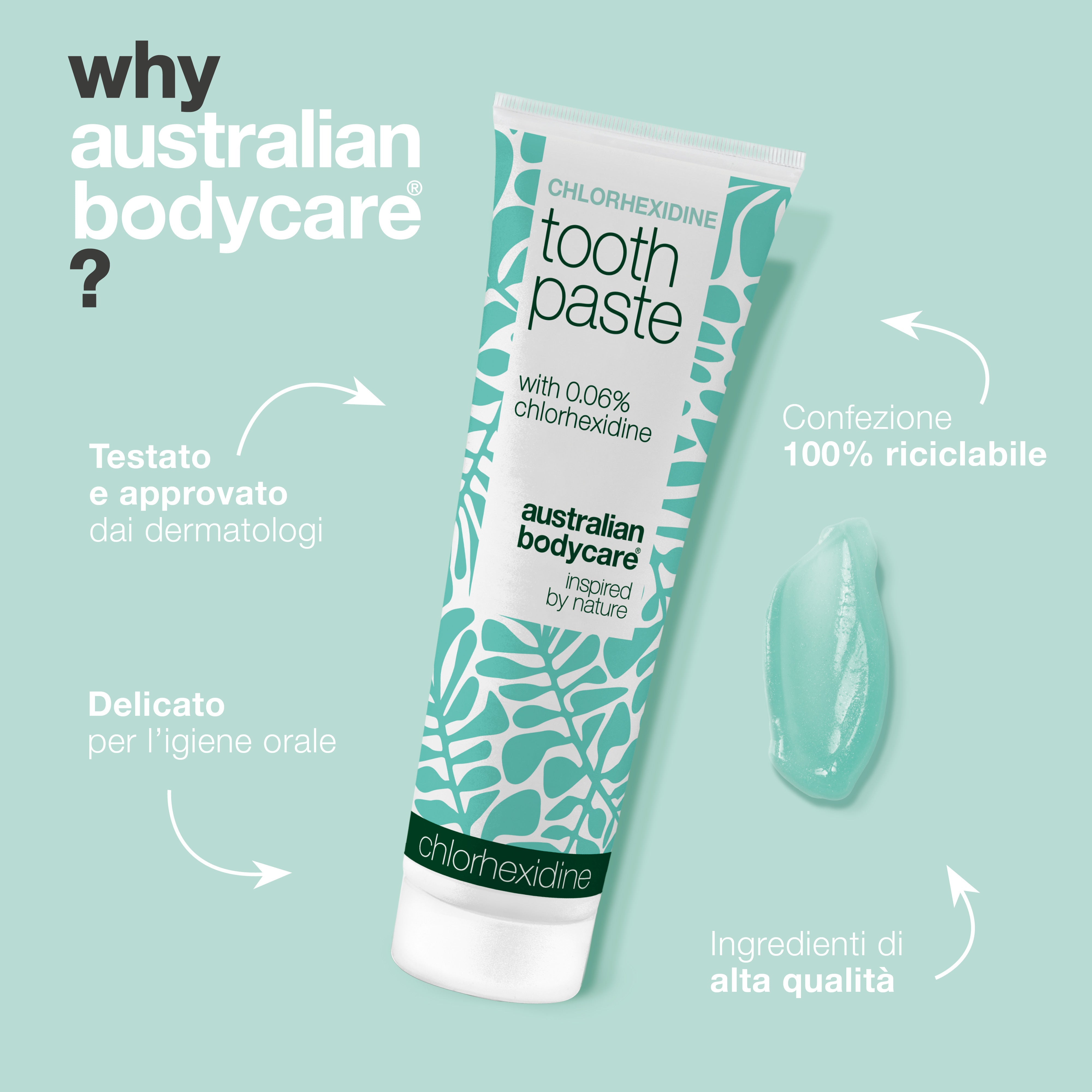 Dentifricio alla clorexidina Australian Bodycare presentato come dermatologicamente testato e approvato, delicato per l’igiene orale, in confezione riciclabile al 100% e con ingredienti di alta qualità.