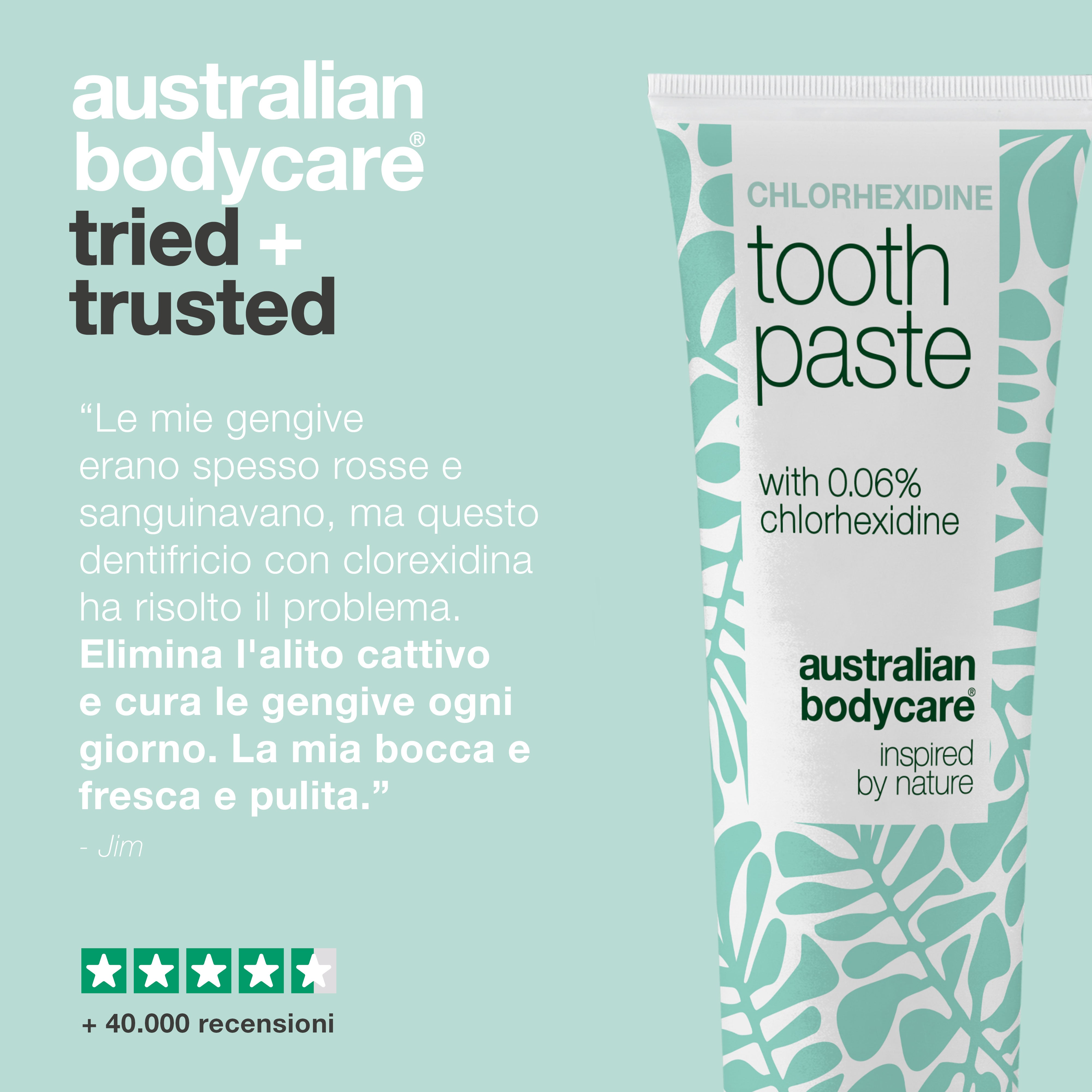 Recensione di un cliente sul dentifricio alla clorexidina Australian Bodycare riguardo a gengive sensibili e sanguinanti che ora si sentono pulite, con una valutazione di quattro stelle e mezzo e oltre 40.000 recensioni.