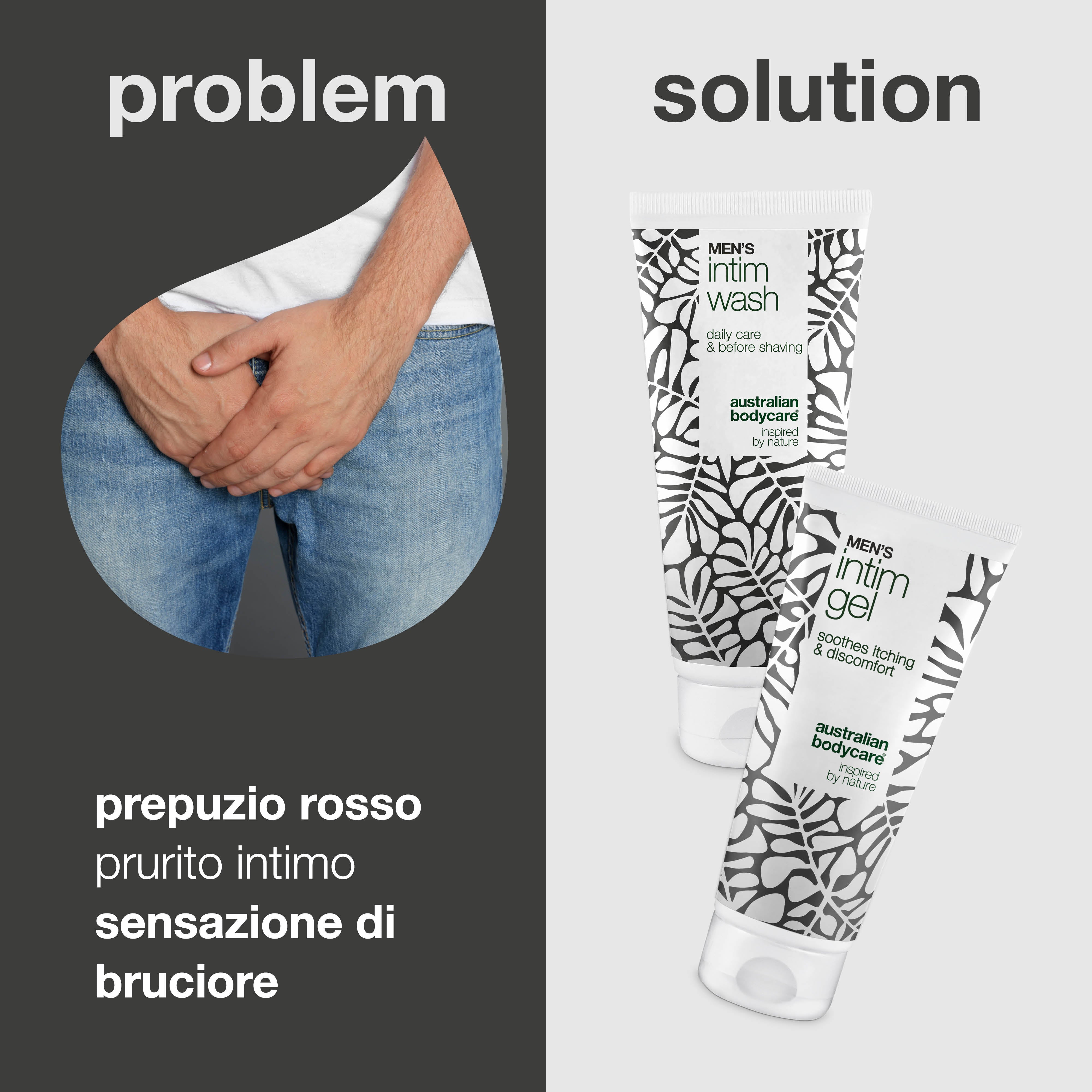 Cura per prepuzio arrossato - Detergente e gel lenitivo — Lenisci il prepuzio arrossato e irritato con Men's Intimate Wash e Intim Gel. Cura delicata per igiene e sollievo.