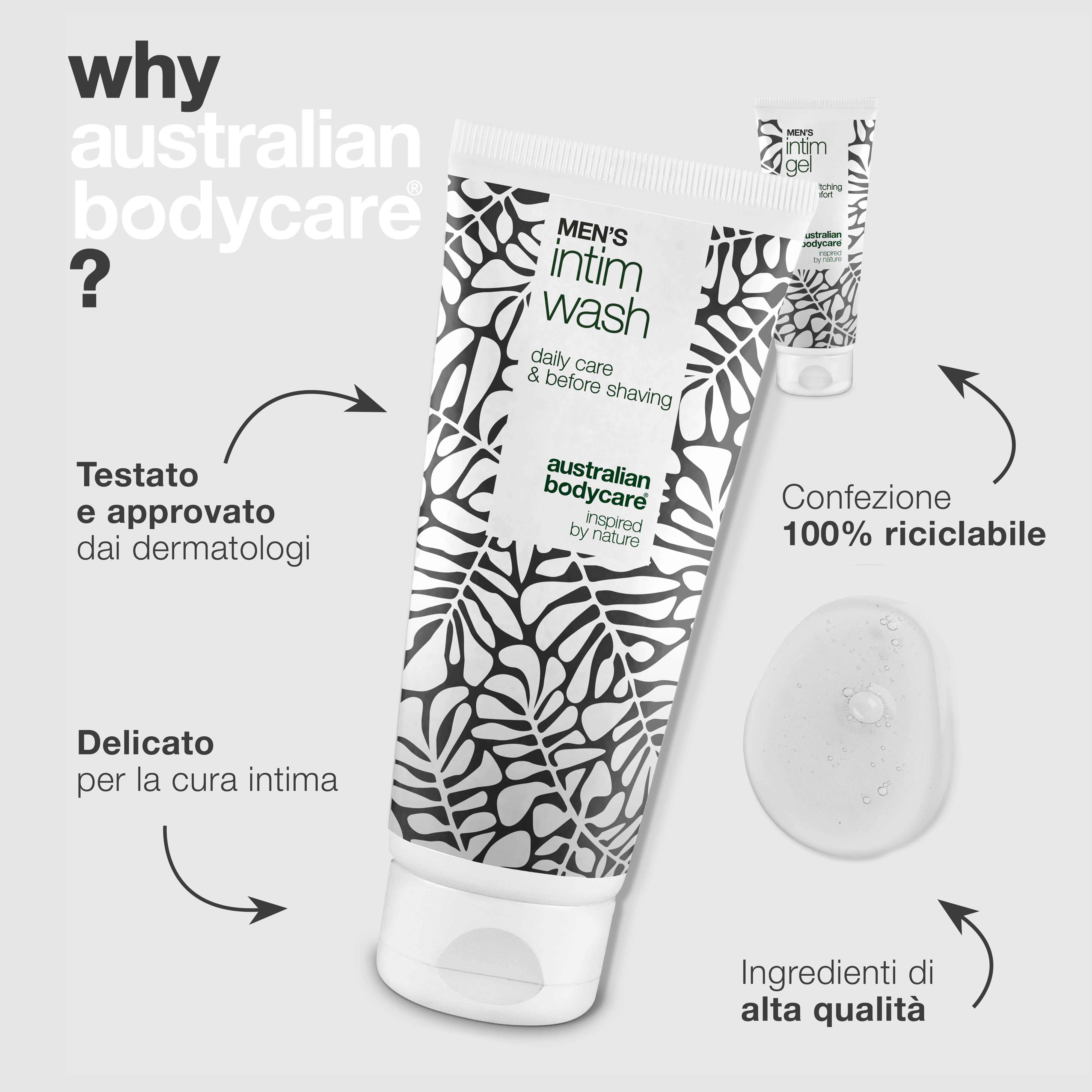 Cura per prepuzio arrossato - Detergente e gel lenitivo — Lenisci il prepuzio arrossato e irritato con Men's Intimate Wash e Intim Gel. Cura delicata per igiene e sollievo.