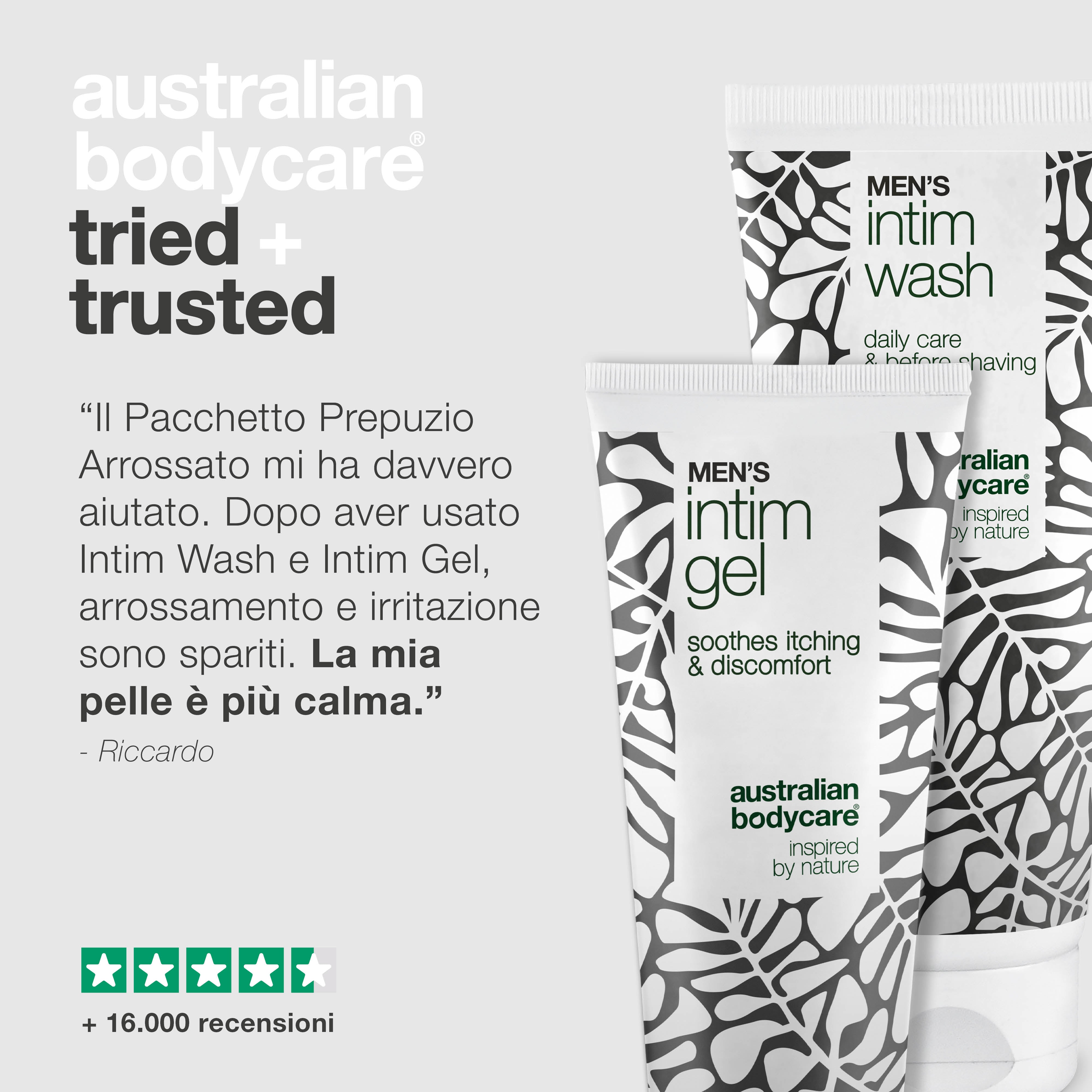 Cura per prepuzio arrossato - Detergente e gel lenitivo — Lenisci il prepuzio arrossato e irritato con Men's Intimate Wash e Intim Gel. Cura delicata per igiene e sollievo.