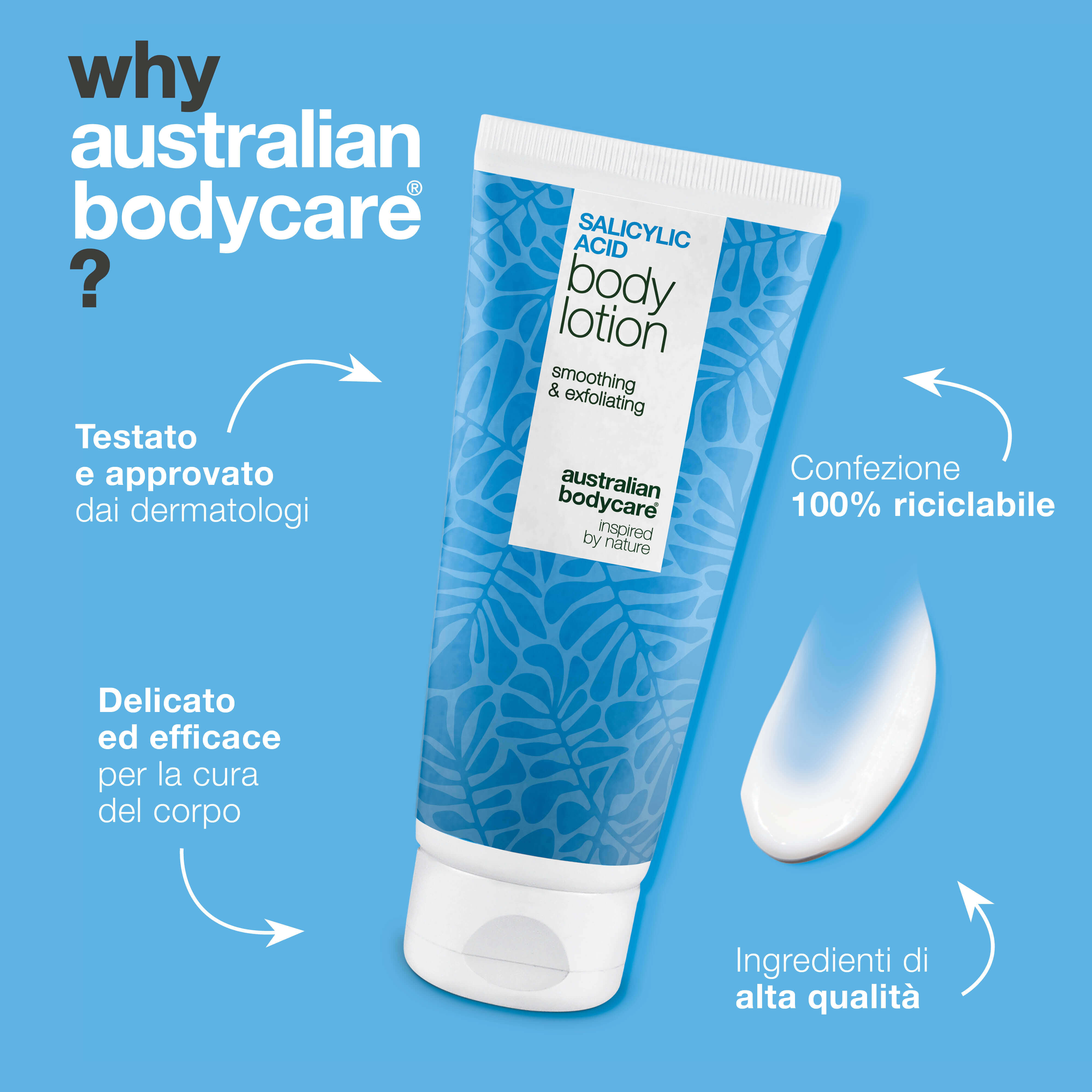 Lozione corpo con acido salicilico – pelle secca e ruvida — Lozione con acido salicilico che esfolia, idrata e aiuta a levigare la pelle secca e ruvida. Perfetta per l’uso quotidiano.