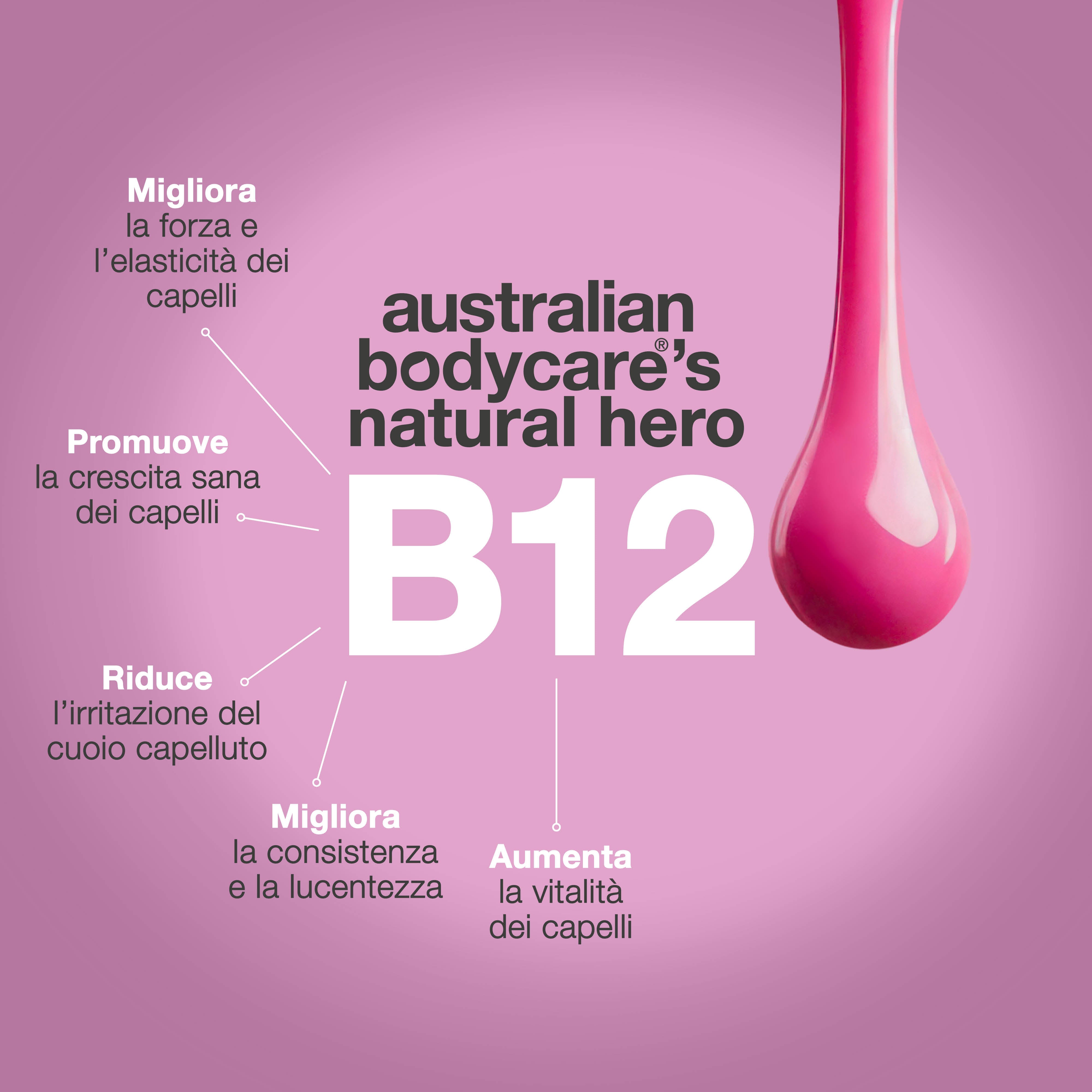 La vitamina B12 di Australian Bodycare migliora forza ed elasticità dei capelli, favorisce una crescita sana e dona lucentezza