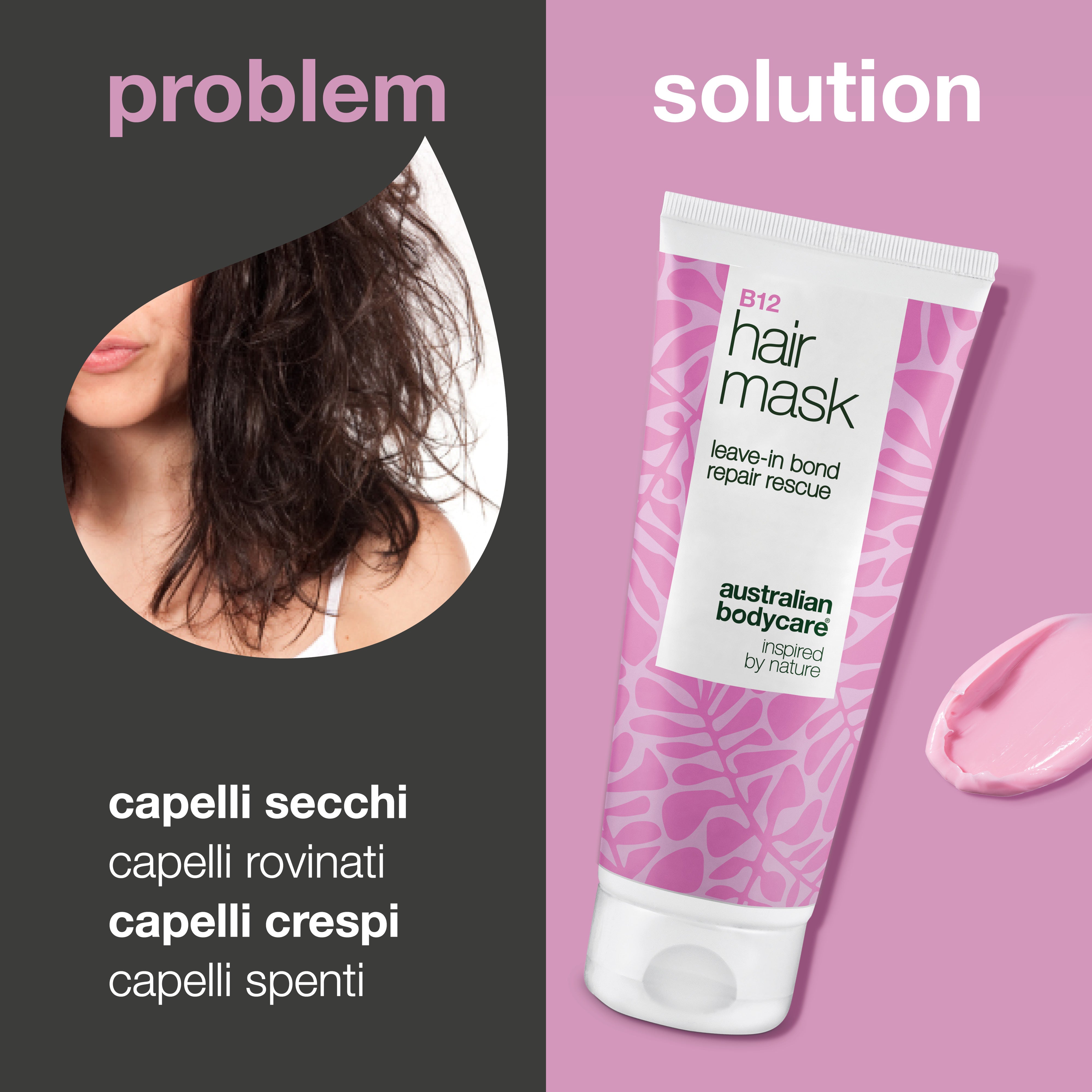 Problema e soluzione: capelli secchi, danneggiati, crespi e spenti a confronto con Maschera Capelli B12 di Australian Bodycare
